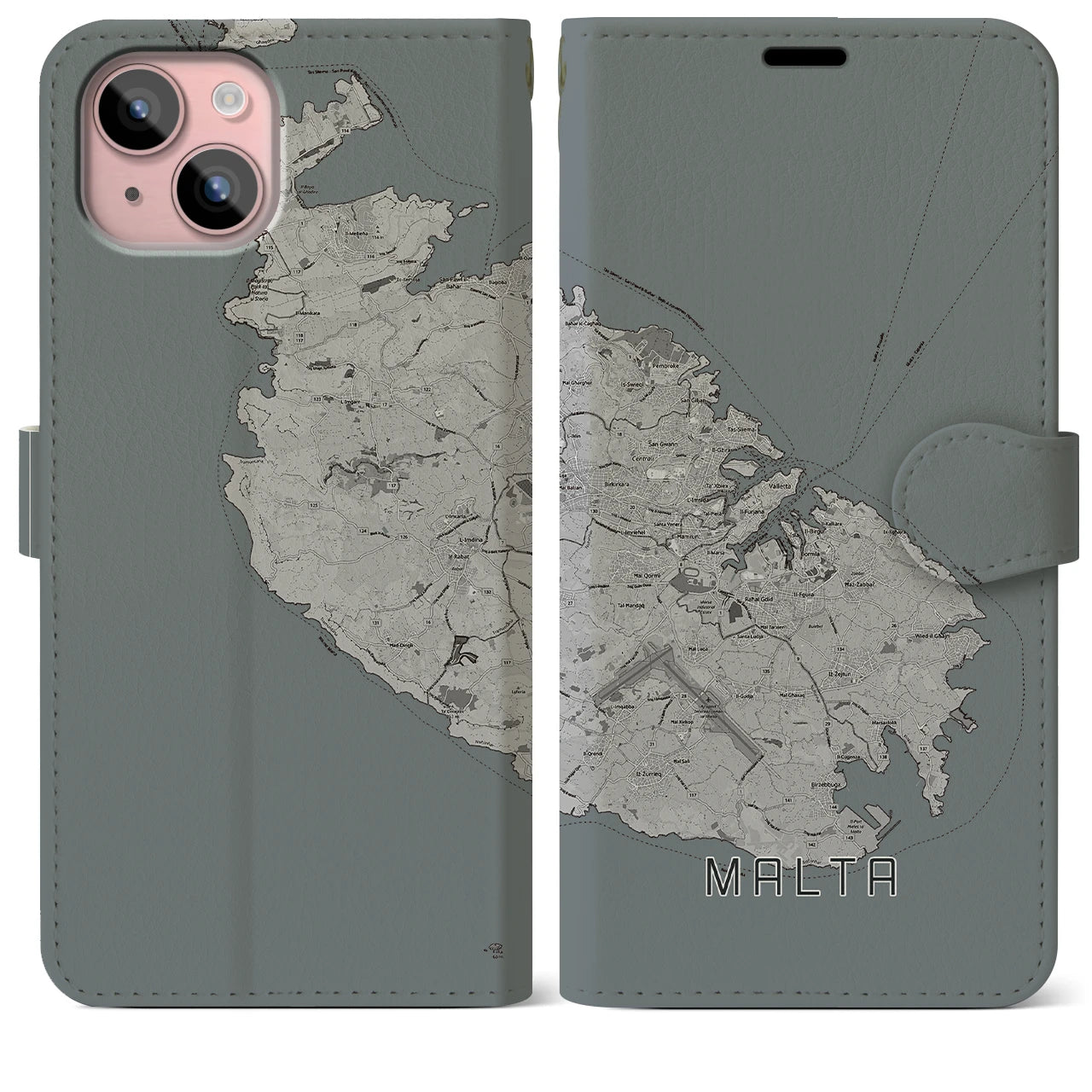 【マルタ】地図柄iPhoneケース(手帳タイプ)モノトーン・iPhone 15 Plus 用
