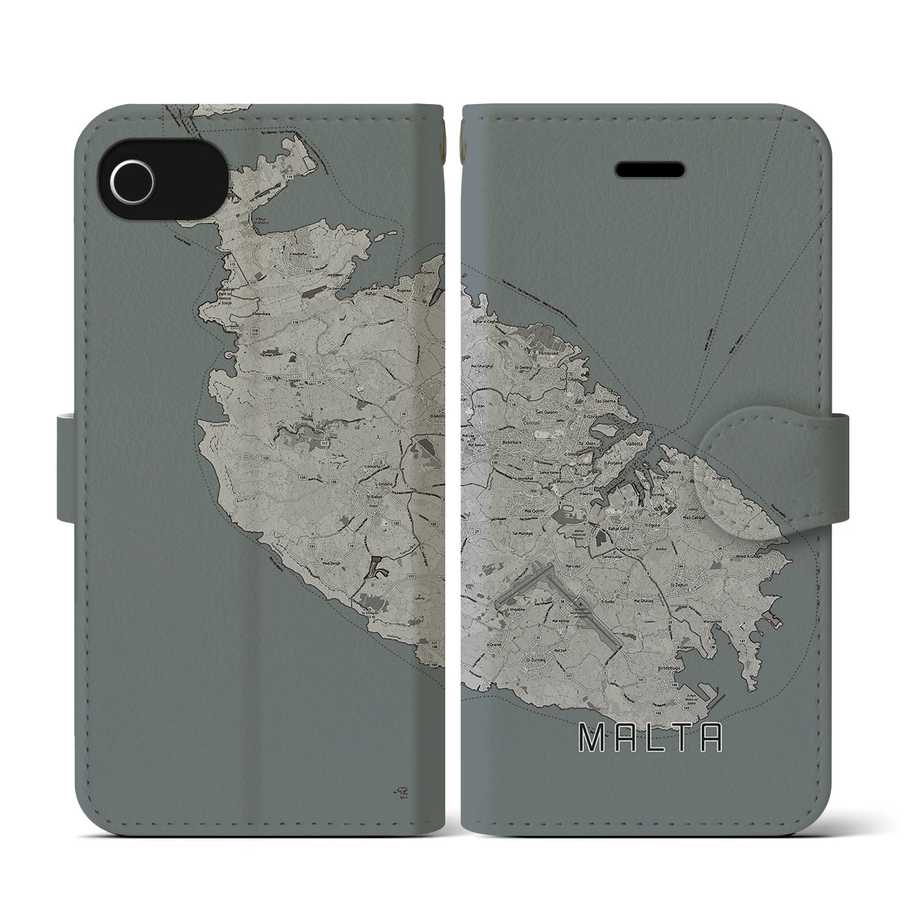 【マルタ】地図柄iPhoneケース(手帳タイプ)モノトーン・iPhone SE(第3 / 第2世代) / 8 / 7 / 6s / 6 用