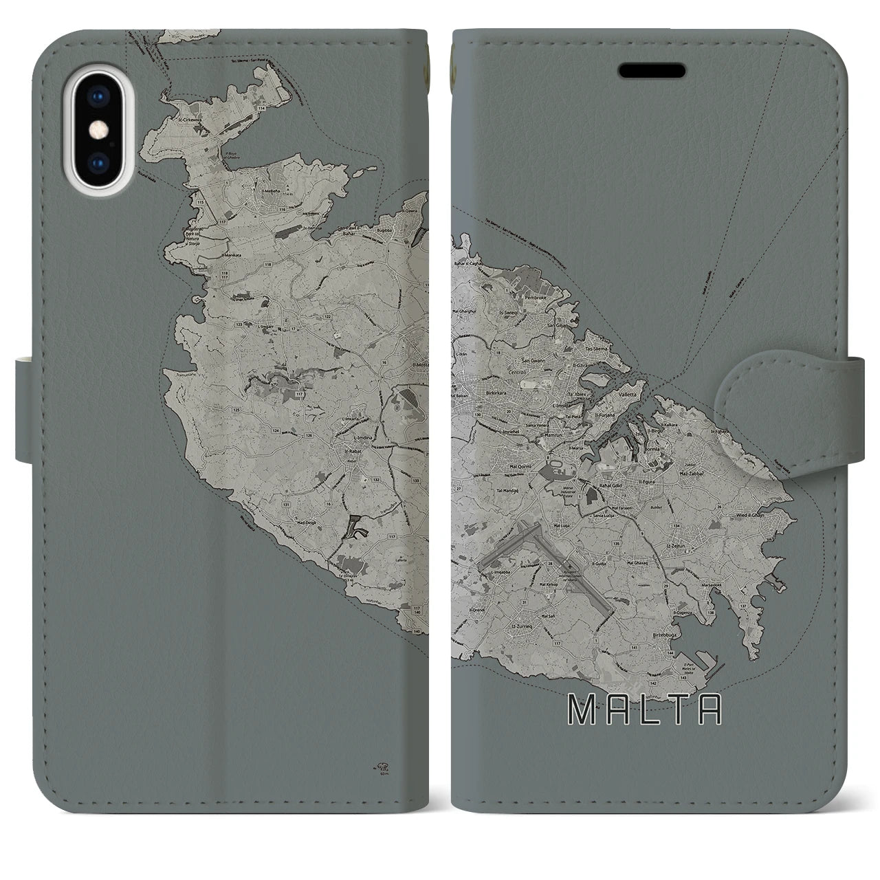 【マルタ】地図柄iPhoneケース(手帳タイプ)モノトーン・iPhone XS Max 用