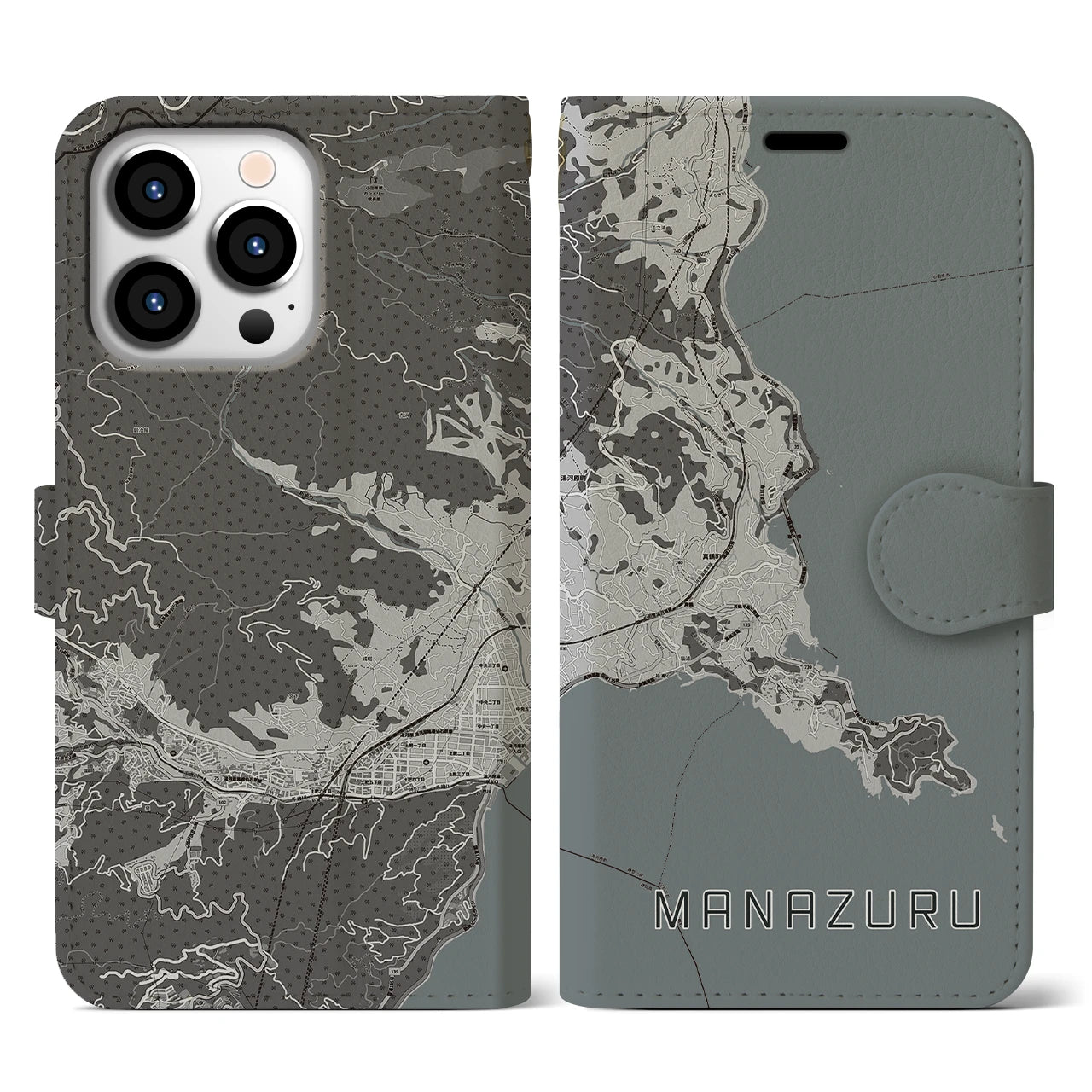 【真鶴(神奈川県)】地図柄iPhoneケース(手帳タイプ)モノトーン・iPhone 13 Pro 用