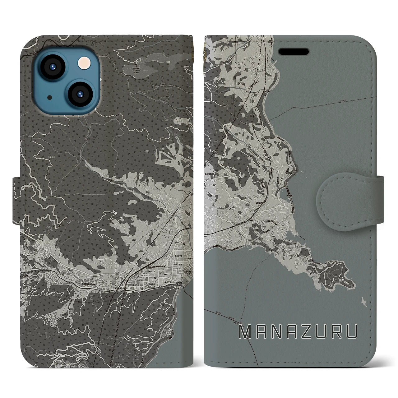 【真鶴(神奈川県)】地図柄iPhoneケース(手帳タイプ)モノトーン・iPhone 13 用