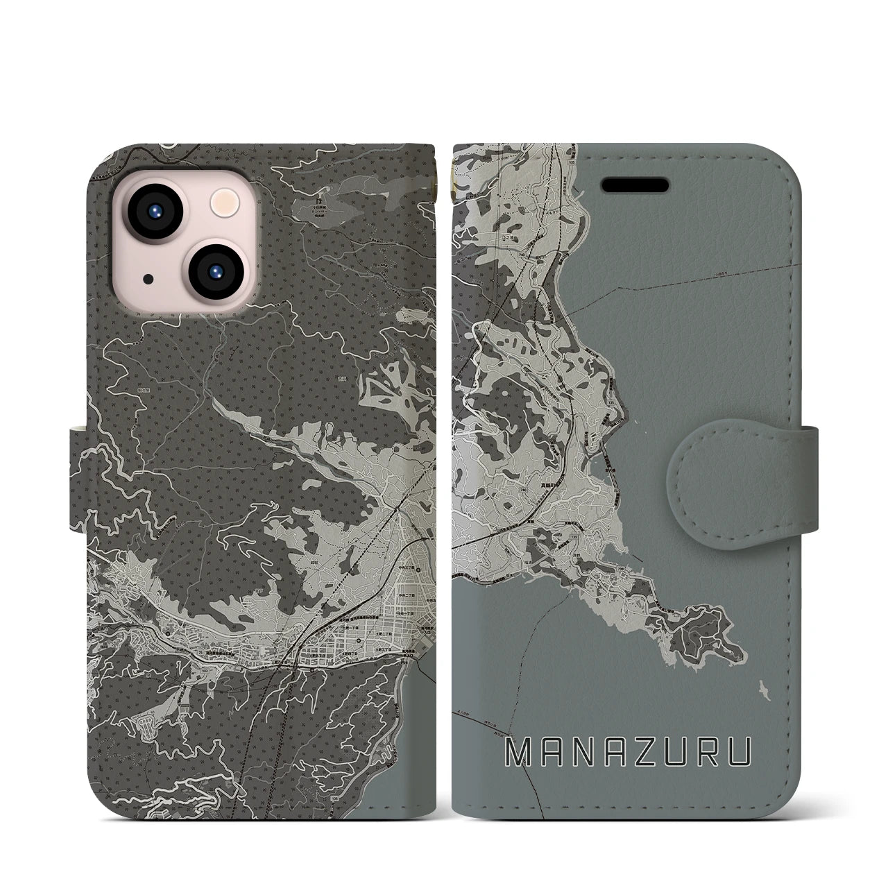 【真鶴(神奈川県)】地図柄iPhoneケース(手帳タイプ)モノトーン・iPhone 13 mini 用
