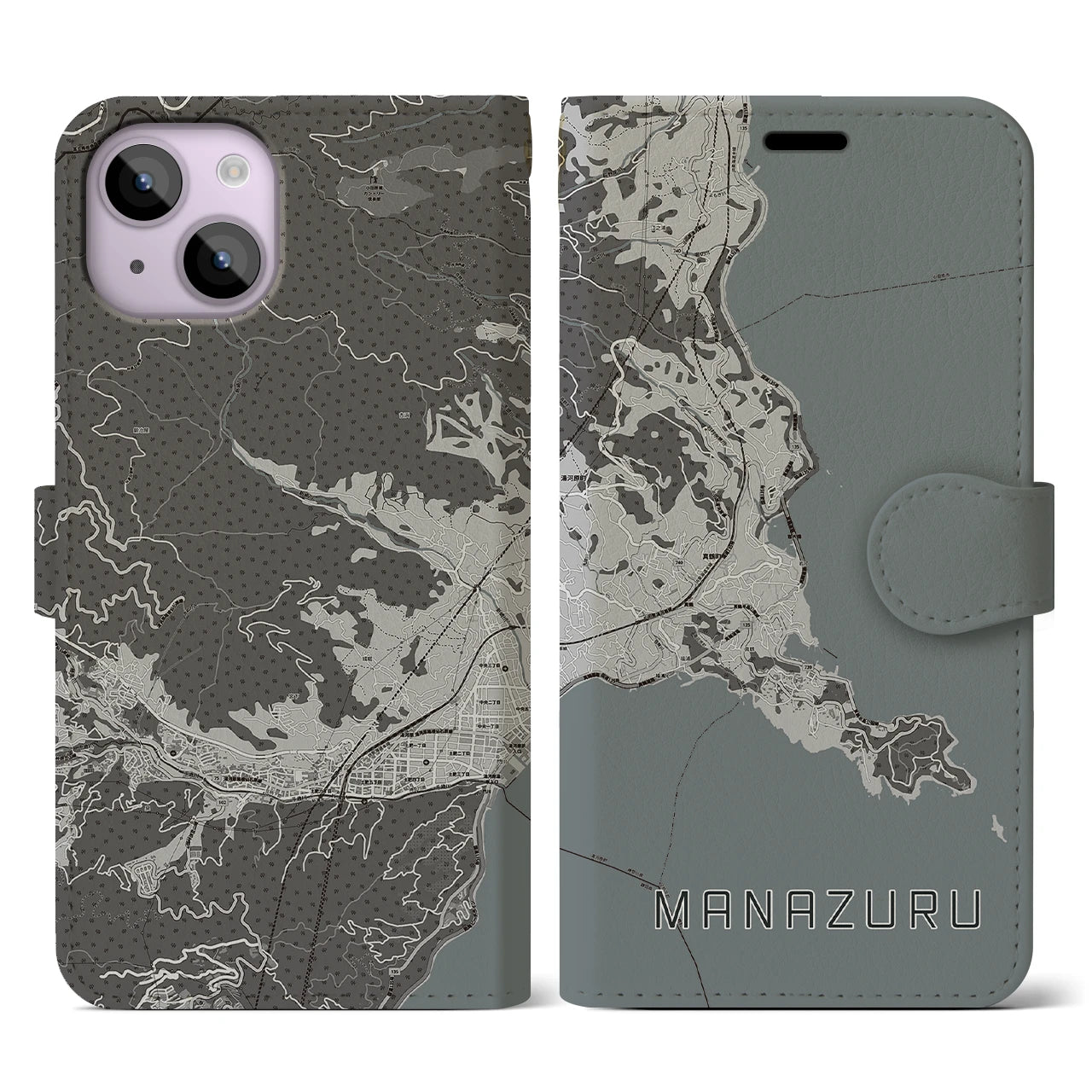 【真鶴(神奈川県)】地図柄iPhoneケース(手帳タイプ)モノトーン・iPhone 14 用