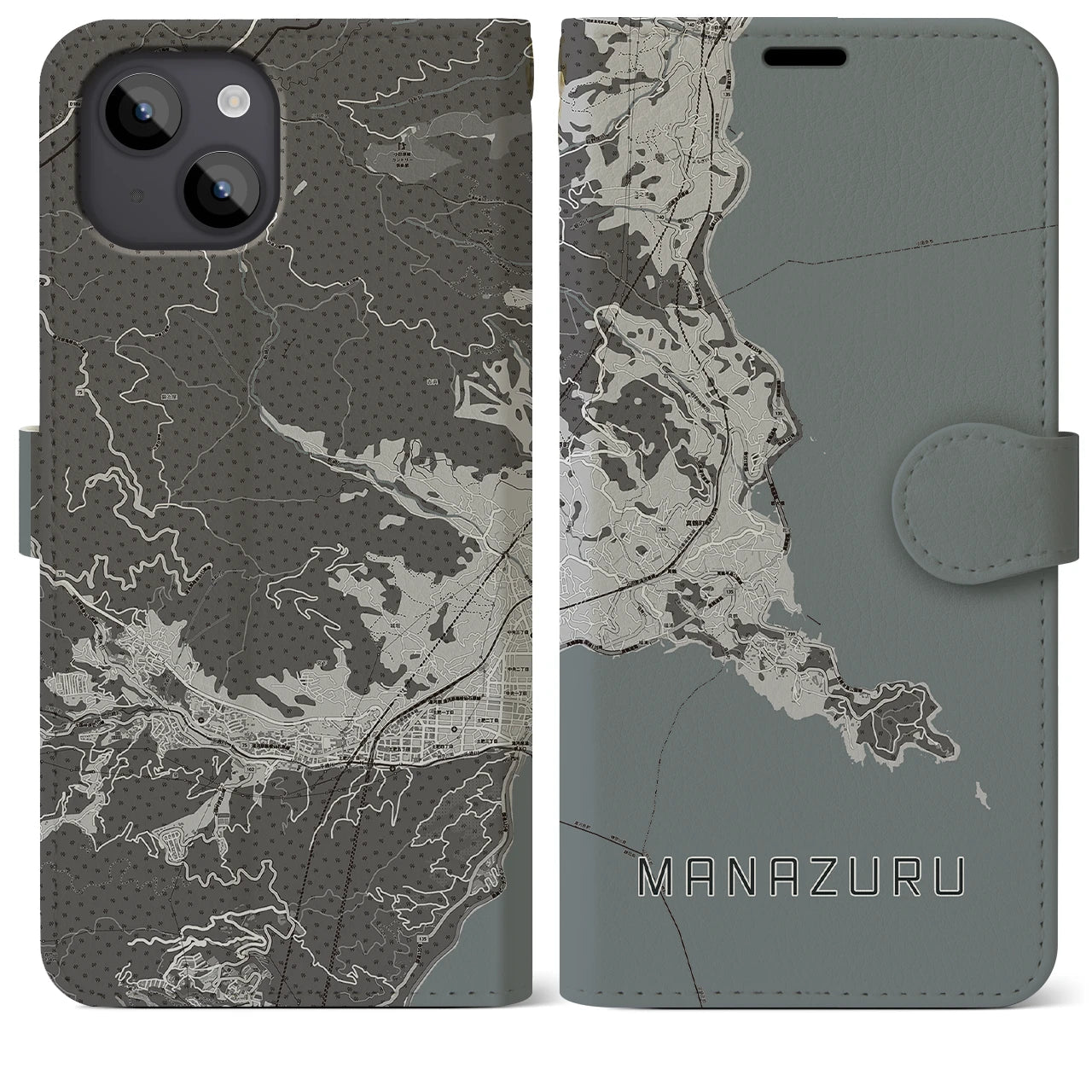 【真鶴(神奈川県)】地図柄iPhoneケース(手帳タイプ)モノトーン・iPhone 14 Plus 用