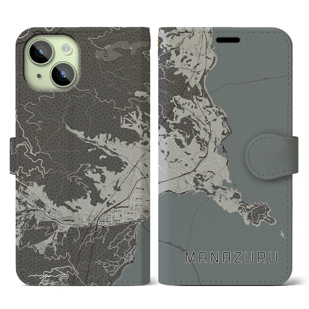 【真鶴(神奈川県)】地図柄iPhoneケース(手帳タイプ)モノトーン・iPhone 15 用