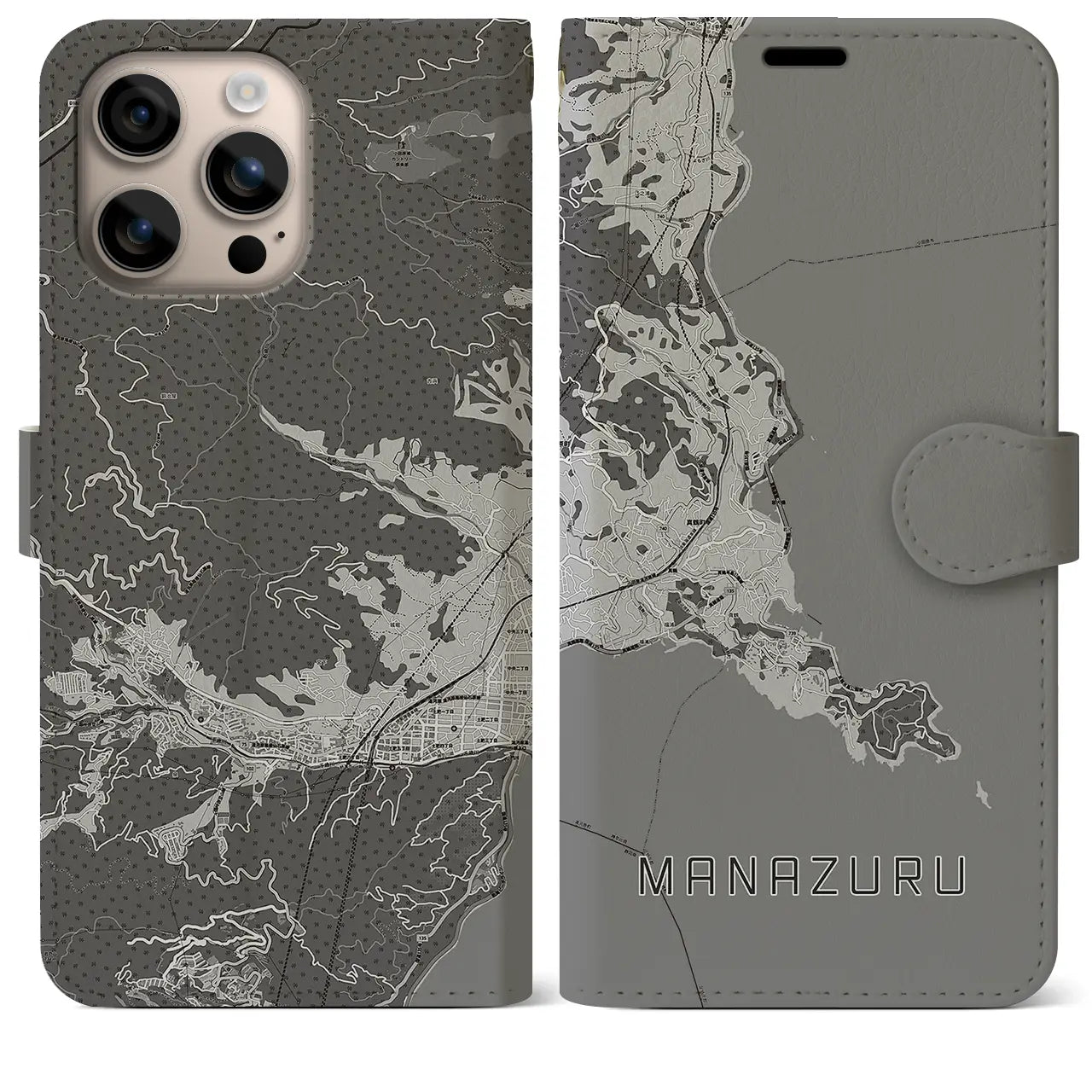 【真鶴(神奈川県)】地図柄iPhoneケース(手帳タイプ)モノトーン・iPhone 16 Plus 用