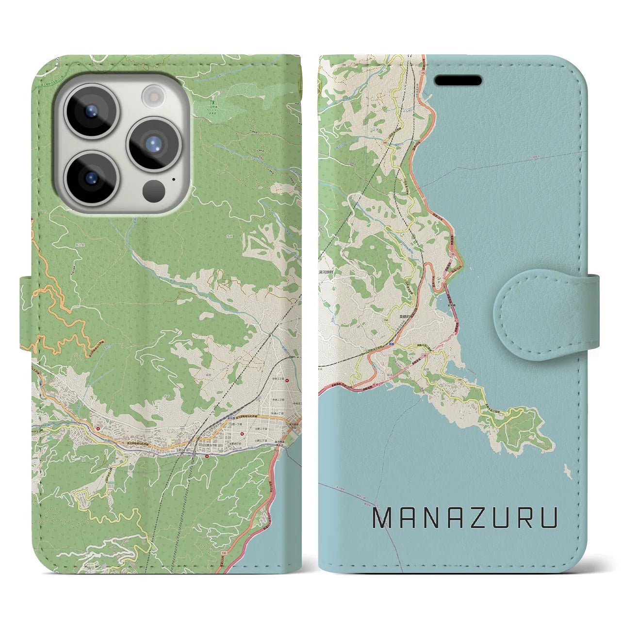 【真鶴(神奈川県)】地図柄iPhoneケース(手帳タイプ)ナチュラル・iPhone 15 Pro 用