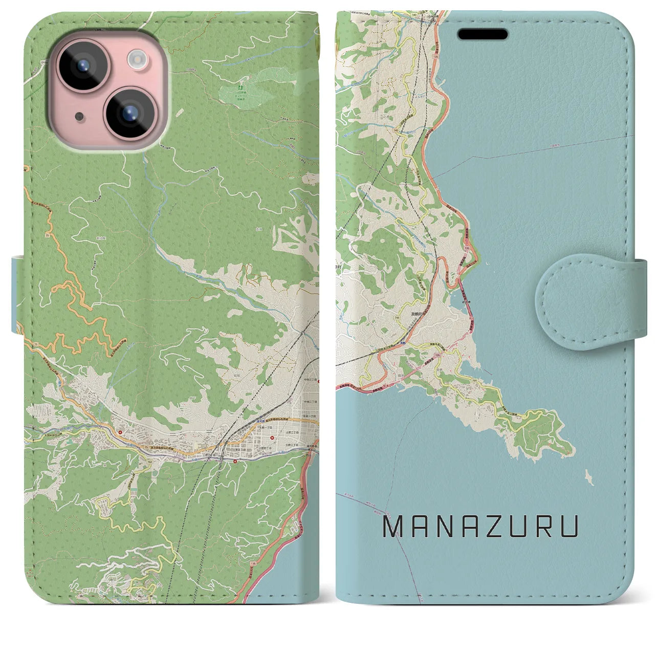 【真鶴(神奈川県)】地図柄iPhoneケース(手帳タイプ)ナチュラル・iPhone 15 Plus 用