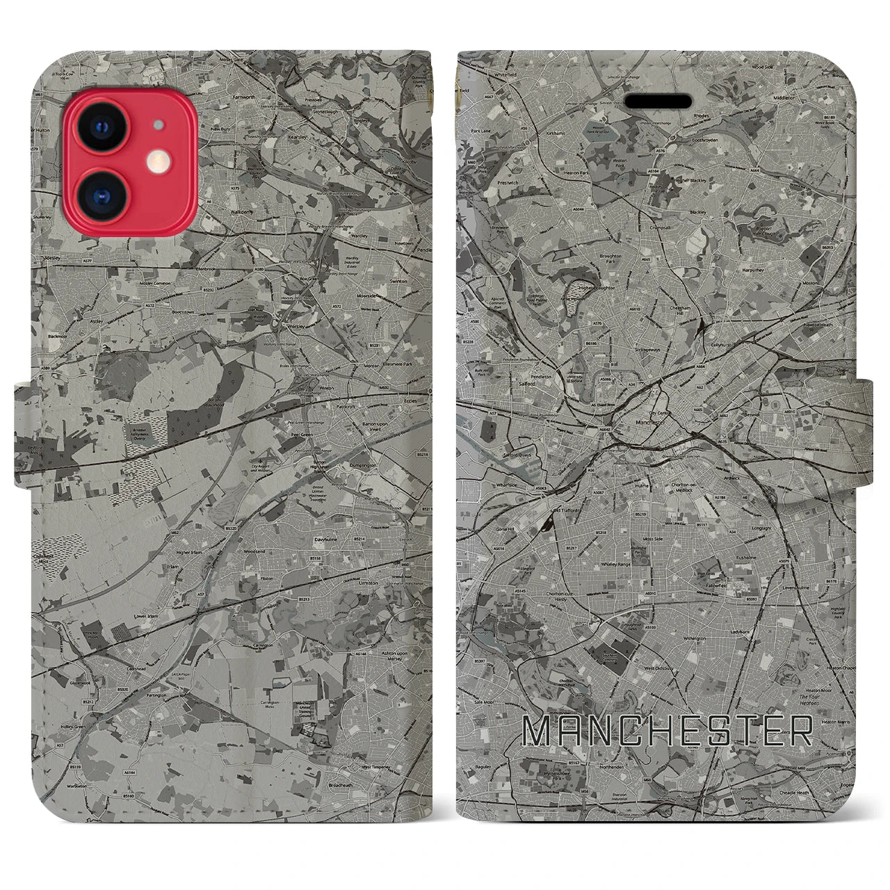 【マンチェスター(イギリス)】地図柄iPhoneケース(手帳タイプ)モノトーン・iPhone 11 用