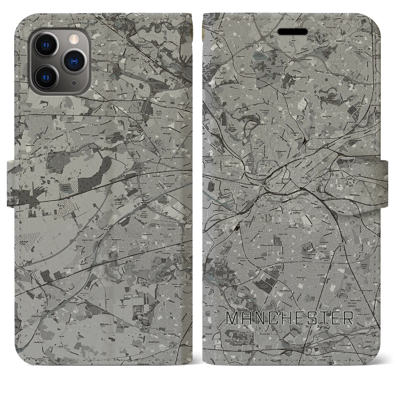 【マンチェスター(イギリス)】地図柄iPhoneケース(手帳タイプ)モノトーン・iPhone 11 Pro Max 用