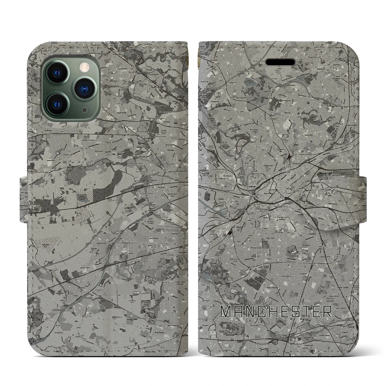 【マンチェスター(イギリス)】地図柄iPhoneケース(手帳タイプ)モノトーン・iPhone 11 Pro 用