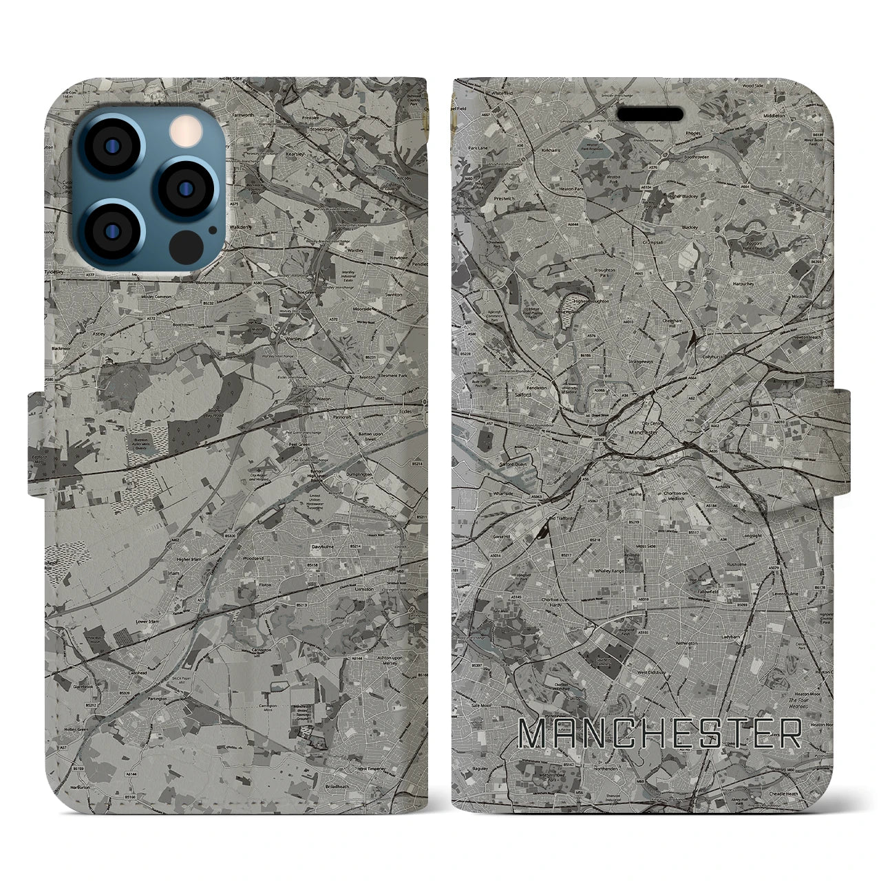 【マンチェスター(イギリス)】地図柄iPhoneケース(手帳タイプ)モノトーン・iPhone 12 / 12 Pro 用