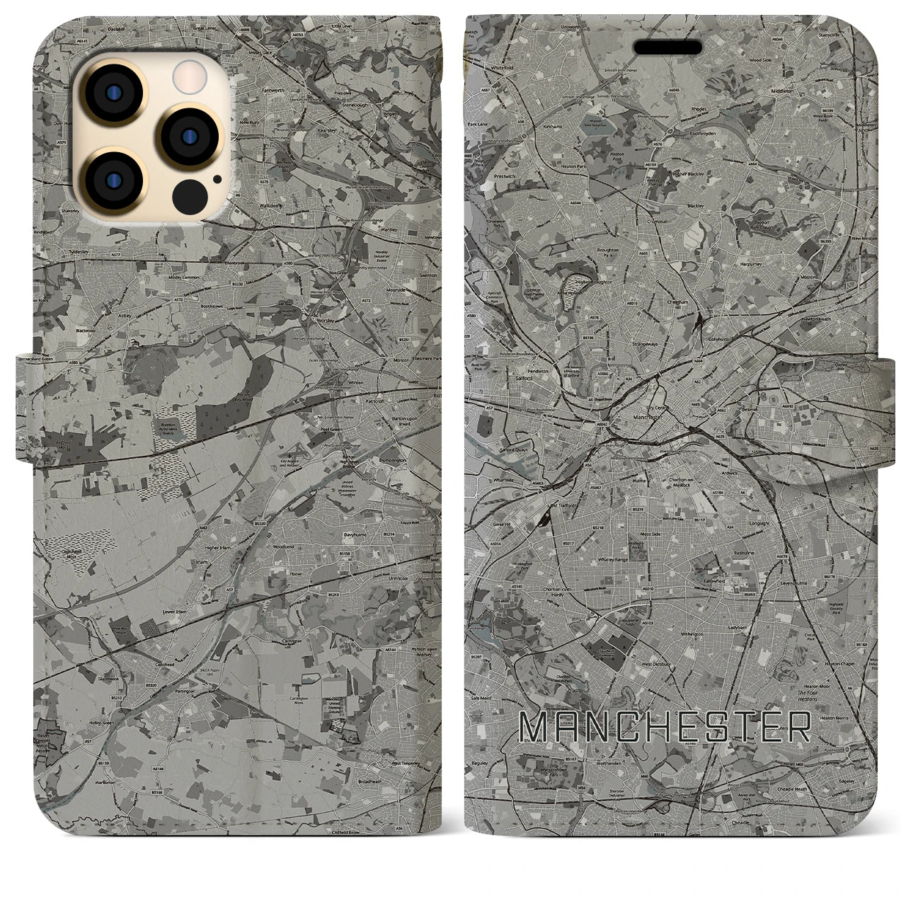 【マンチェスター(イギリス)】地図柄iPhoneケース(手帳タイプ)モノトーン・iPhone 12 Pro Max 用
