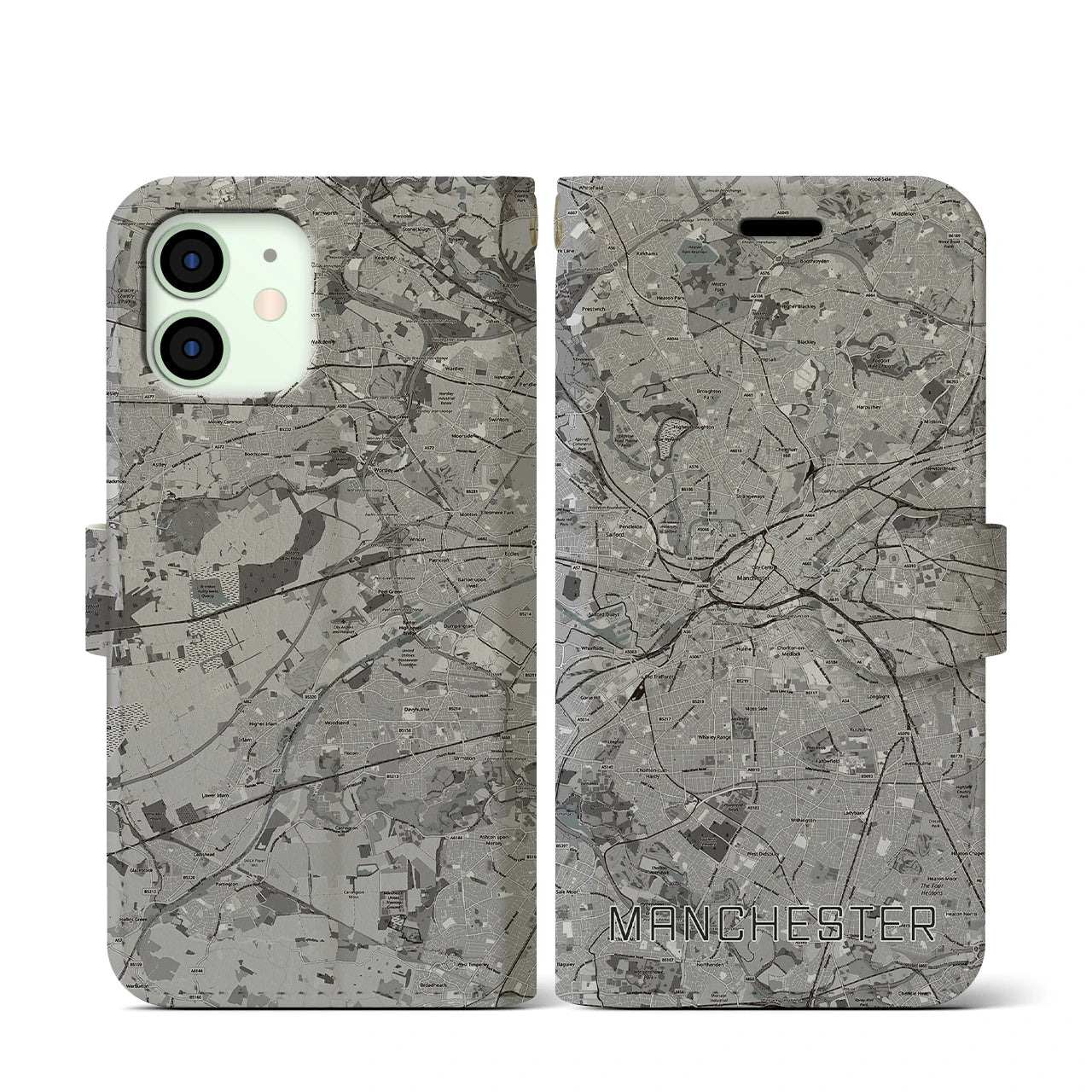 【マンチェスター(イギリス)】地図柄iPhoneケース(手帳タイプ)モノトーン・iPhone 12 mini 用