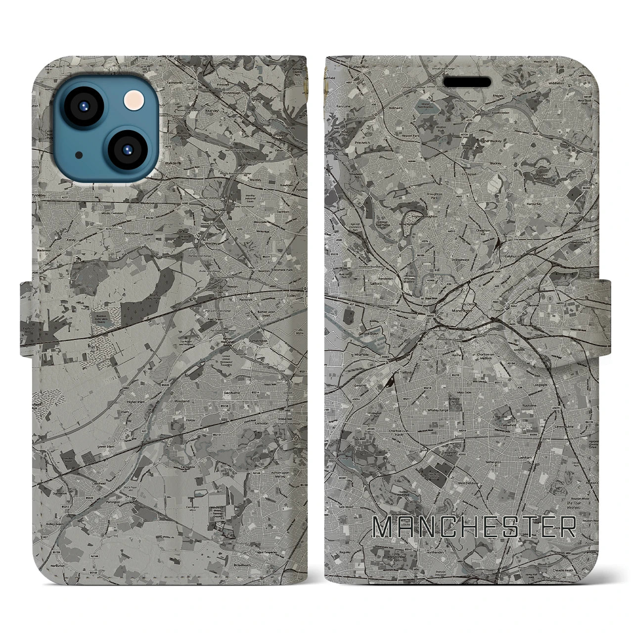 【マンチェスター(イギリス)】地図柄iPhoneケース(手帳タイプ)モノトーン・iPhone 13 用