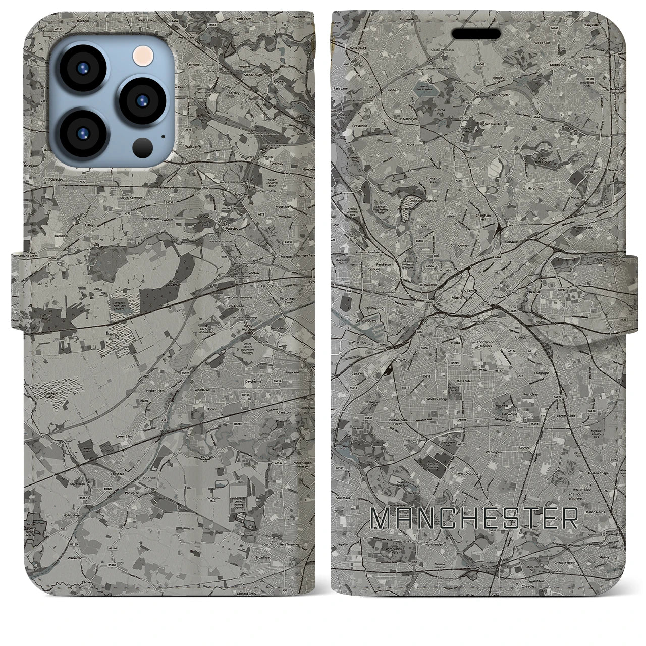 【マンチェスター(イギリス)】地図柄iPhoneケース(手帳タイプ)モノトーン・iPhone 13 Pro Max 用