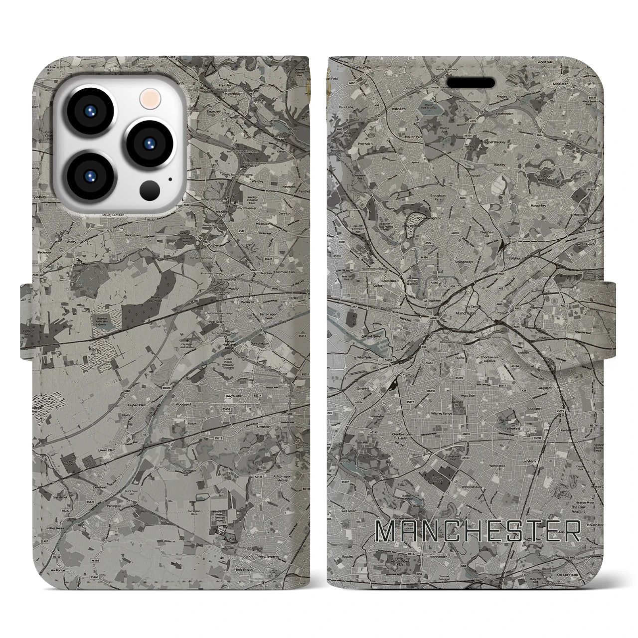 【マンチェスター(イギリス)】地図柄iPhoneケース(手帳タイプ)モノトーン・iPhone 13 Pro 用