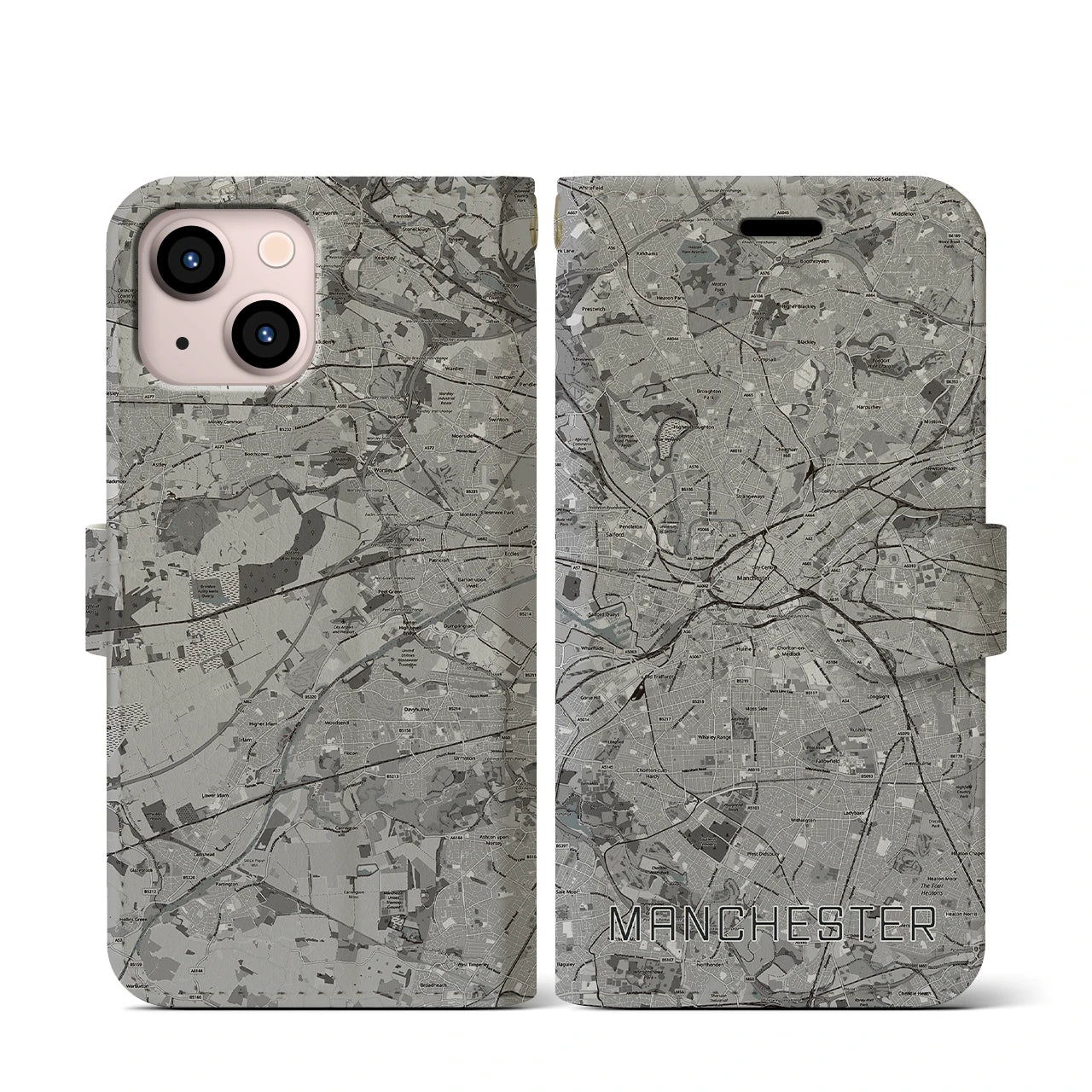 【マンチェスター(イギリス)】地図柄iPhoneケース(手帳タイプ)モノトーン・iPhone 13 mini 用