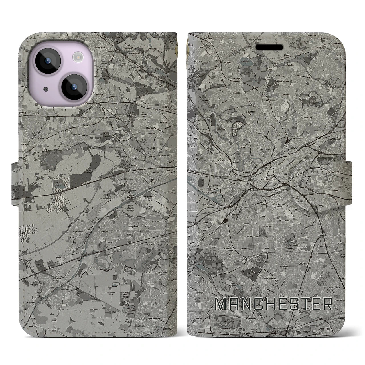 【マンチェスター(イギリス)】地図柄iPhoneケース(手帳タイプ)モノトーン・iPhone 14 用