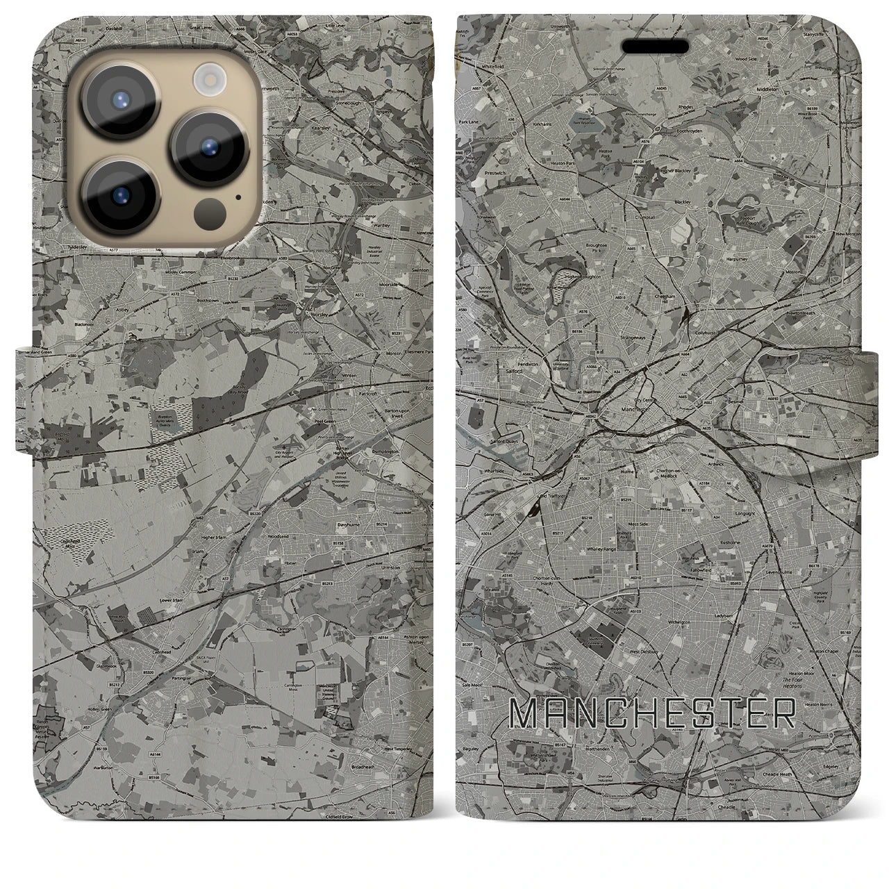 【マンチェスター(イギリス)】地図柄iPhoneケース(手帳タイプ)モノトーン・iPhone 14 Pro Max 用