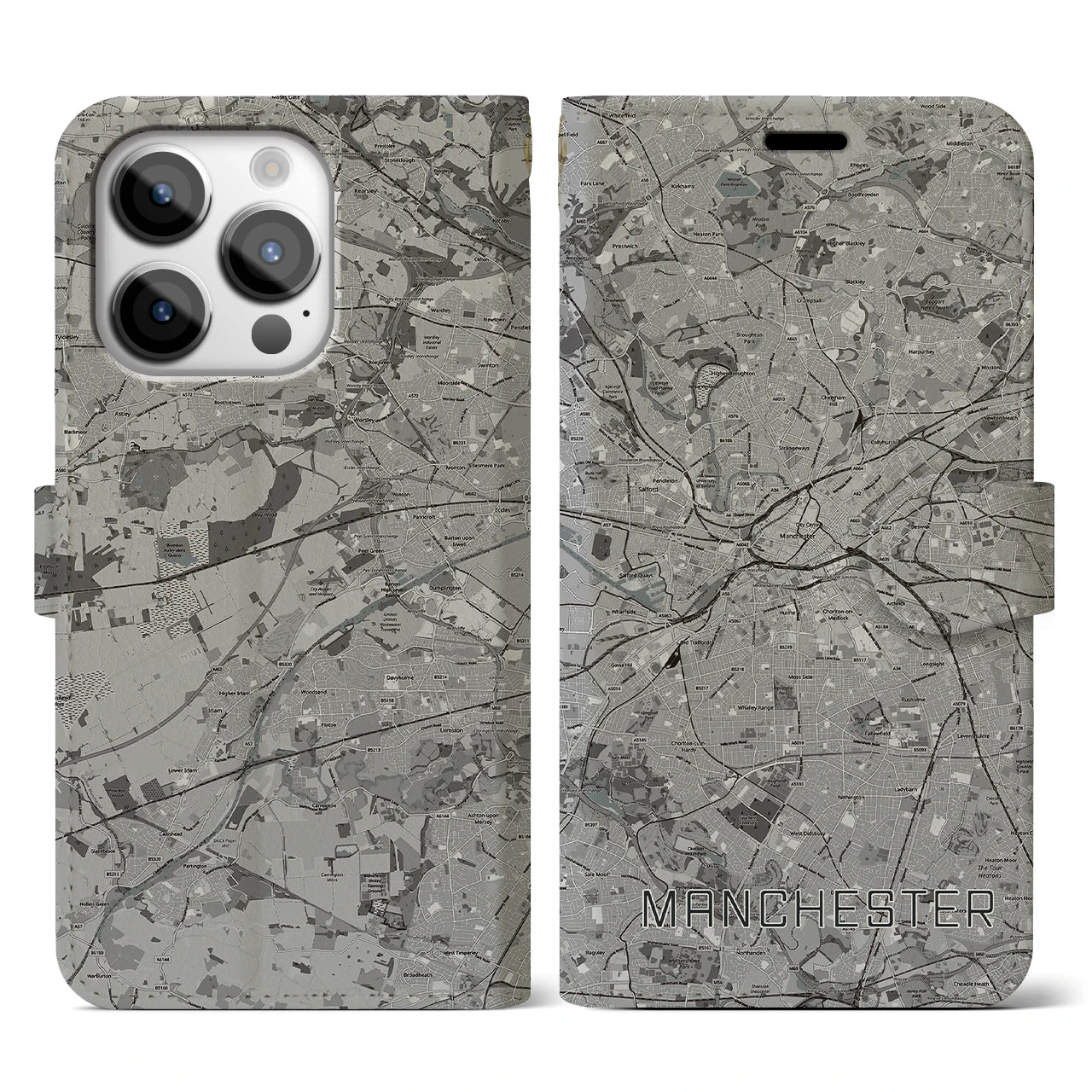 【マンチェスター(イギリス)】地図柄iPhoneケース(手帳タイプ)モノトーン・iPhone 14 Pro 用