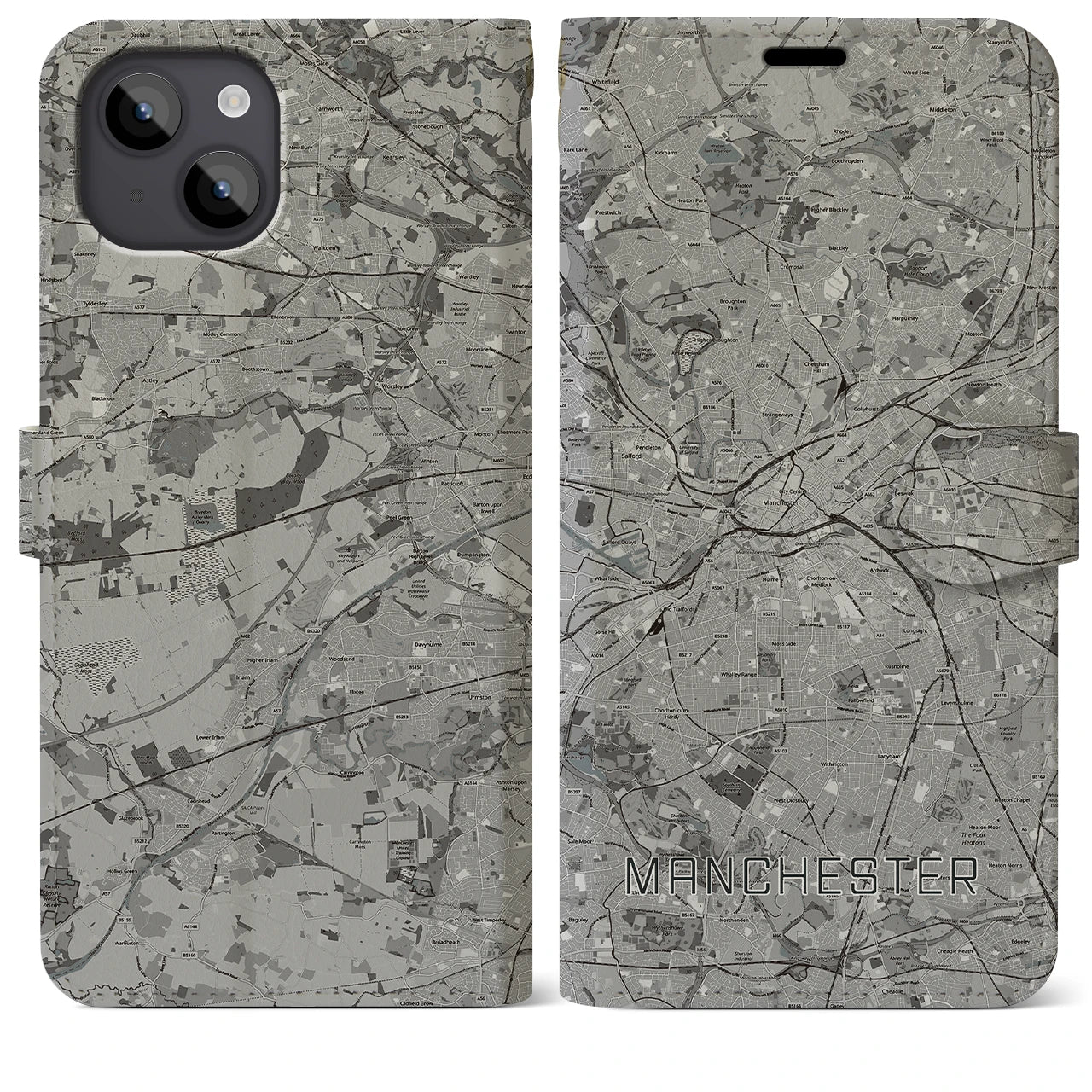 【マンチェスター(イギリス)】地図柄iPhoneケース(手帳タイプ)モノトーン・iPhone 14 Plus 用