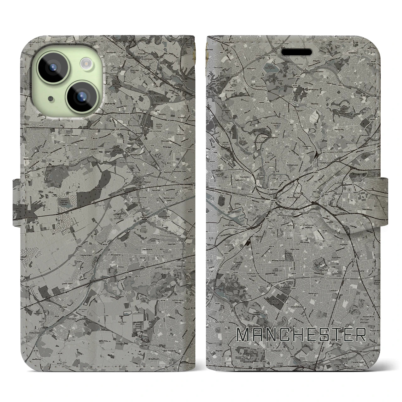 【マンチェスター(イギリス)】地図柄iPhoneケース(手帳タイプ)モノトーン・iPhone 15 用
