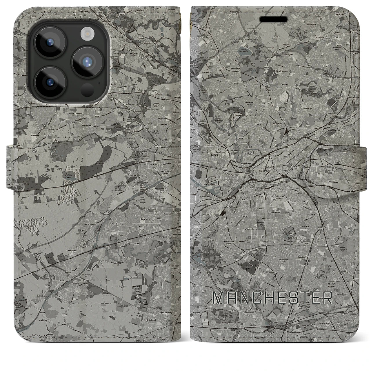 【マンチェスター(イギリス)】地図柄iPhoneケース(手帳タイプ)モノトーン・iPhone 15 Pro Max 用