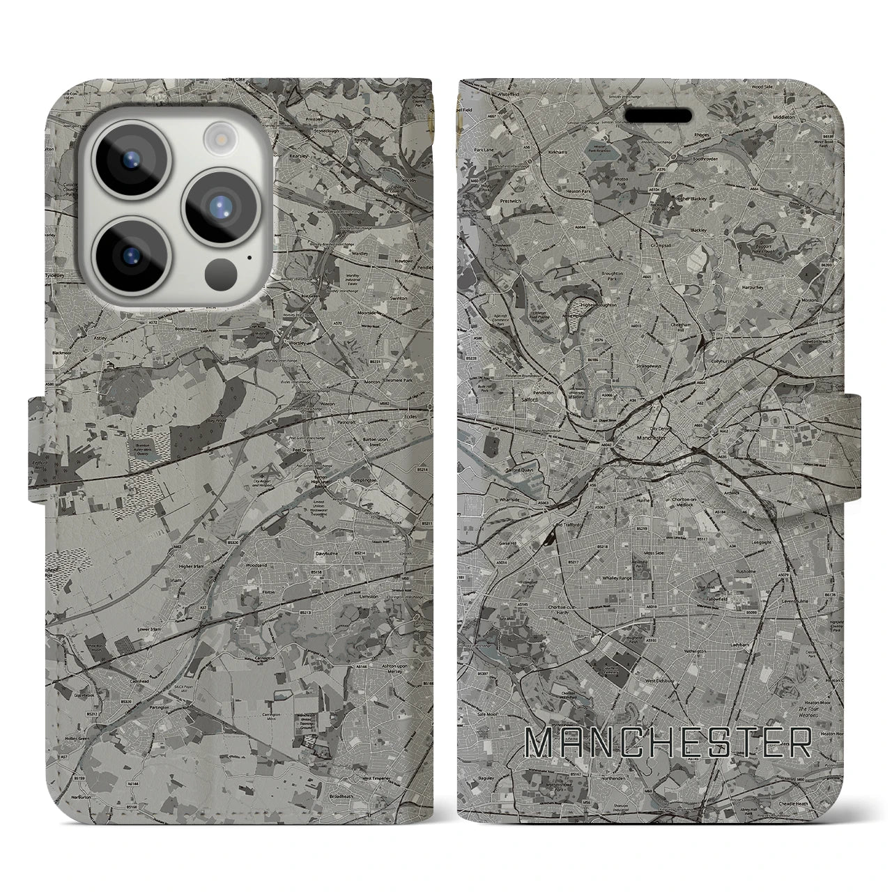 【マンチェスター(イギリス)】地図柄iPhoneケース(手帳タイプ)モノトーン・iPhone 15 Pro 用