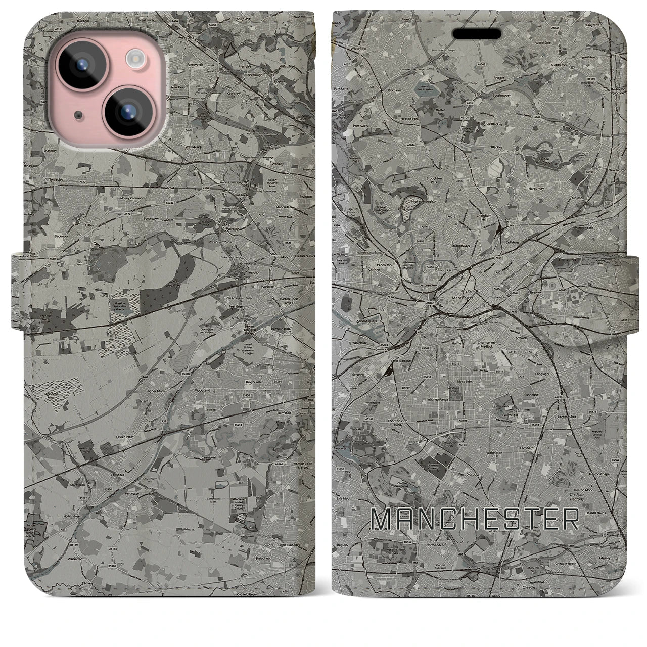 【マンチェスター(イギリス)】地図柄iPhoneケース(手帳タイプ)モノトーン・iPhone 15 Plus 用