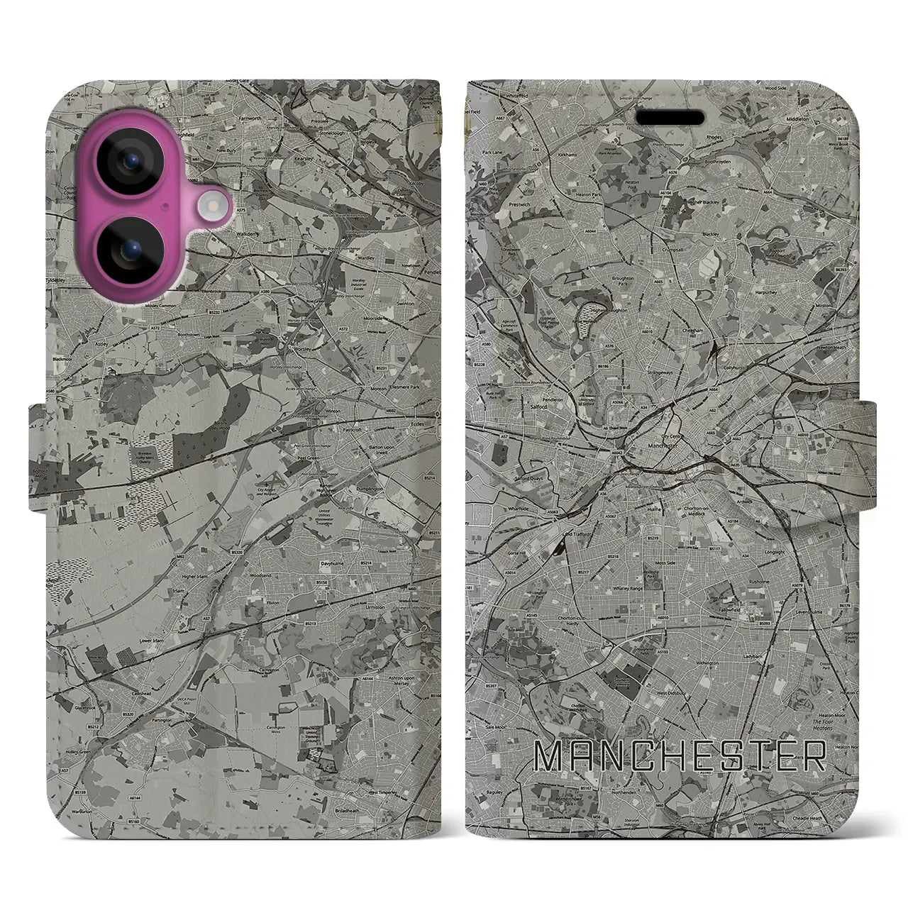 【マンチェスター(イギリス)】地図柄iPhoneケース(手帳タイプ)モノトーン・iPhone 16 Pro 用