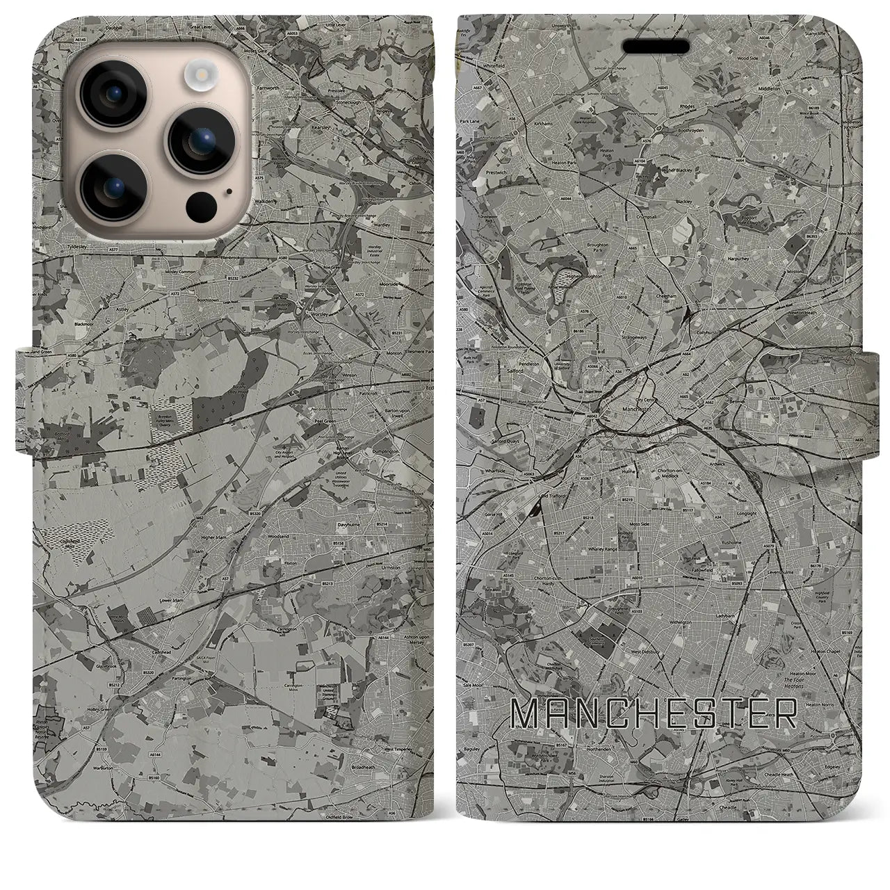 【マンチェスター(イギリス)】地図柄iPhoneケース(手帳タイプ)モノトーン・iPhone 16 Plus 用