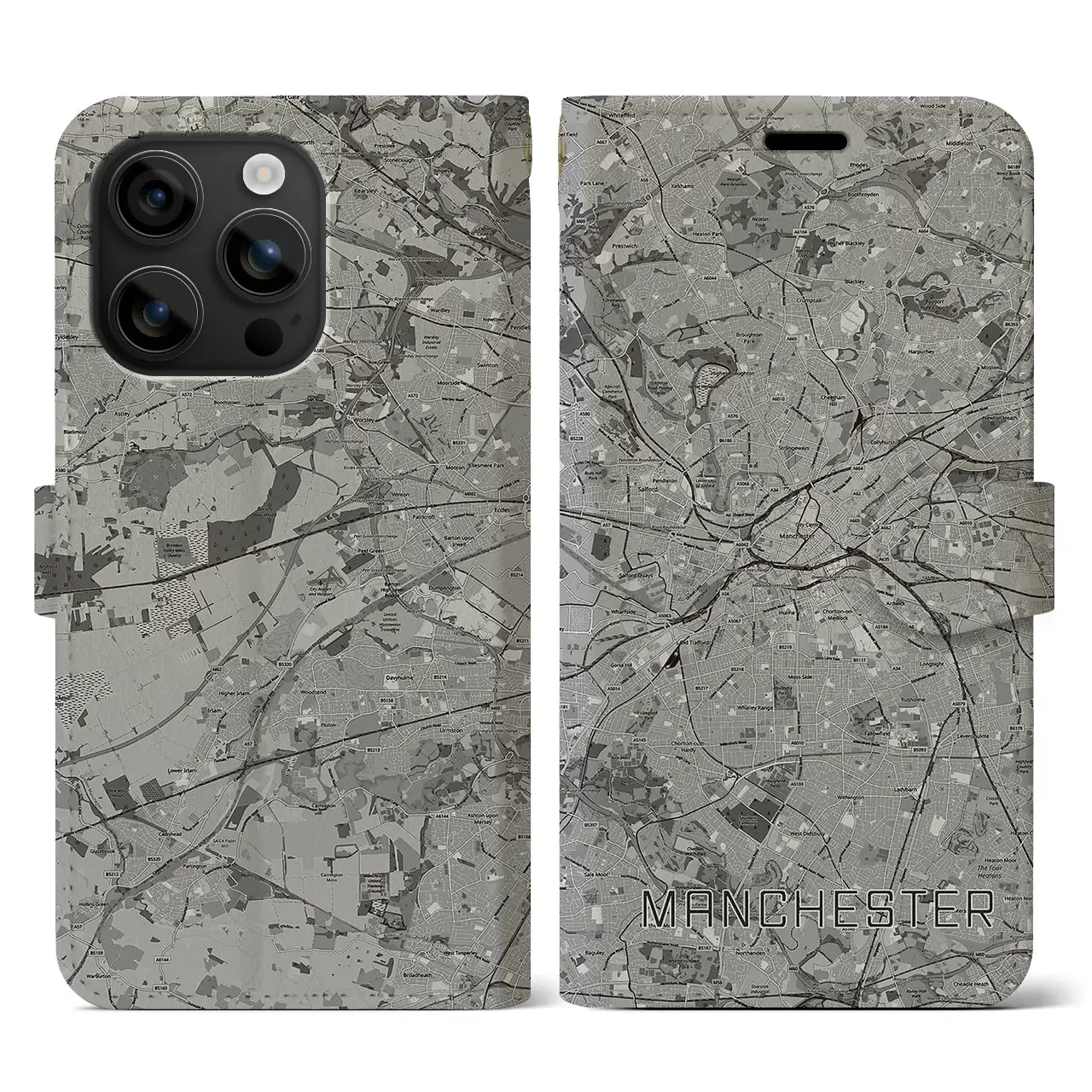 【マンチェスター(イギリス)】地図柄iPhoneケース(手帳タイプ)モノトーン・iPhone 16 用