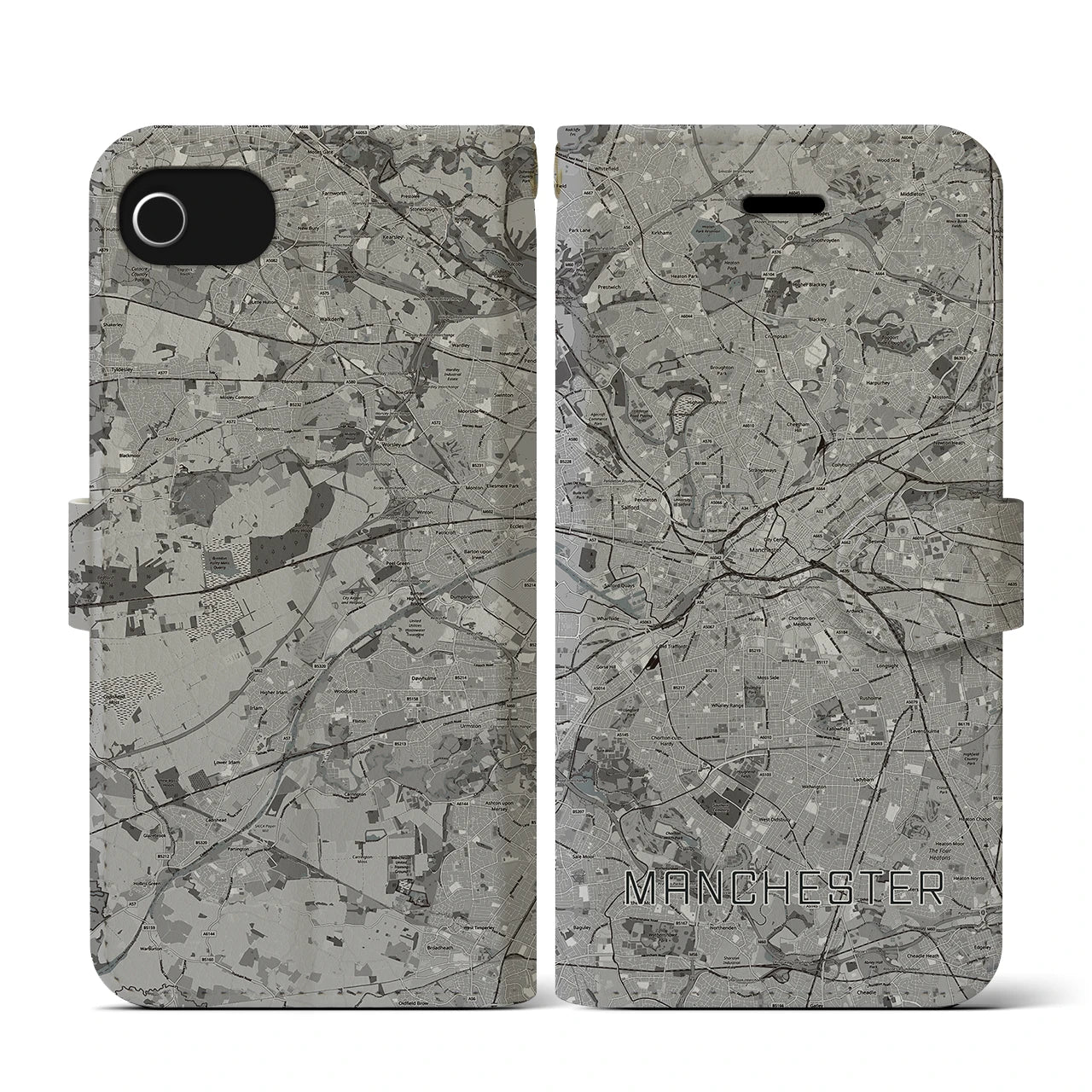 【マンチェスター(イギリス)】地図柄iPhoneケース(手帳タイプ)モノトーン・iPhone SE(第3 / 第2世代) / 8 / 7 / 6s / 6 用