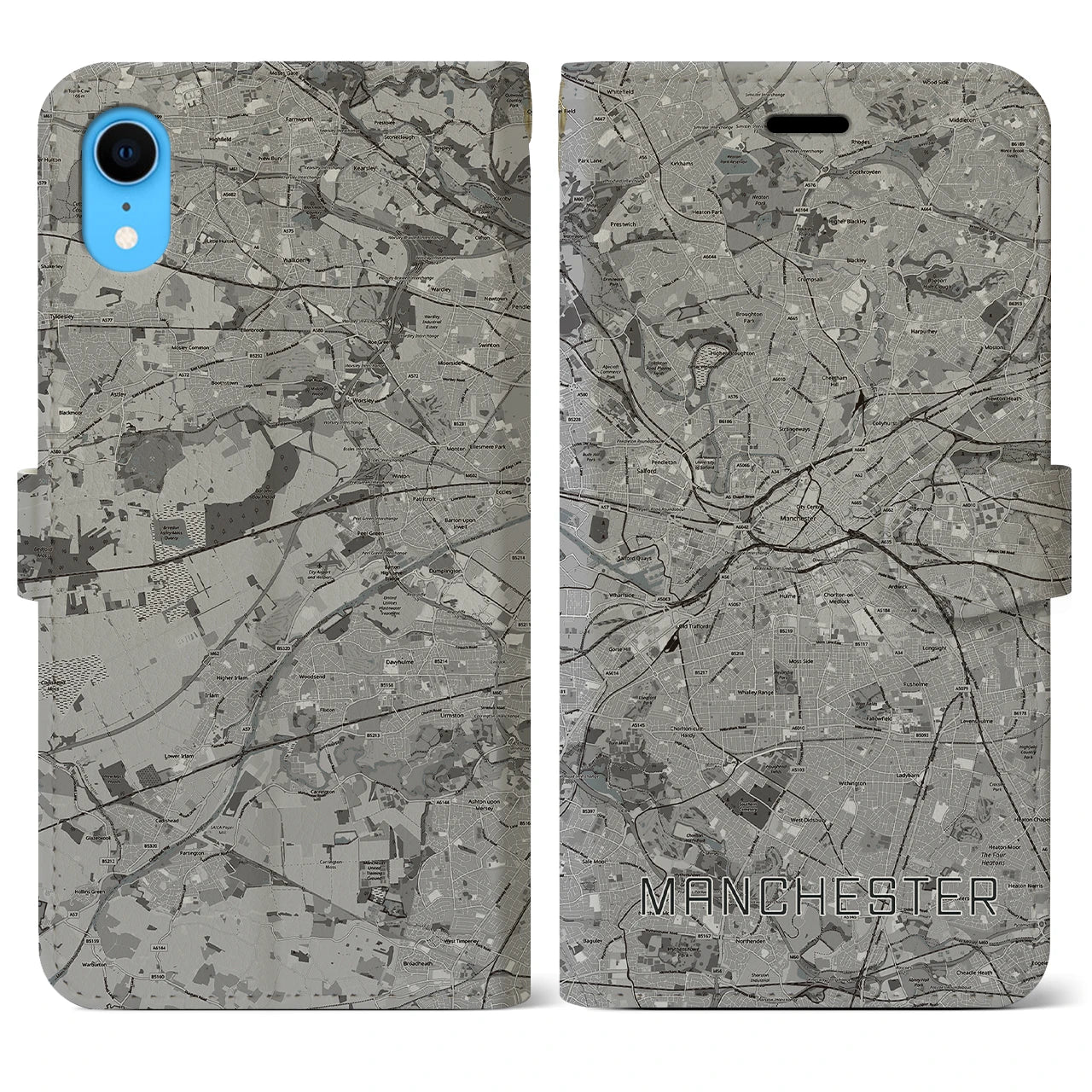 【マンチェスター(イギリス)】地図柄iPhoneケース(手帳タイプ)モノトーン・iPhone XR 用