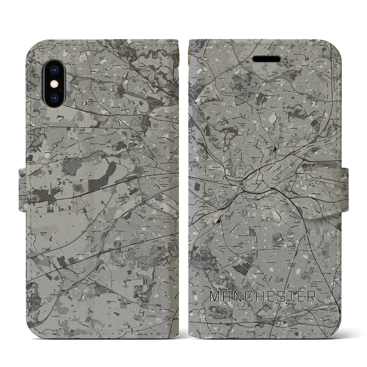 【マンチェスター(イギリス)】地図柄iPhoneケース(手帳タイプ)モノトーン・iPhone XS / X 用