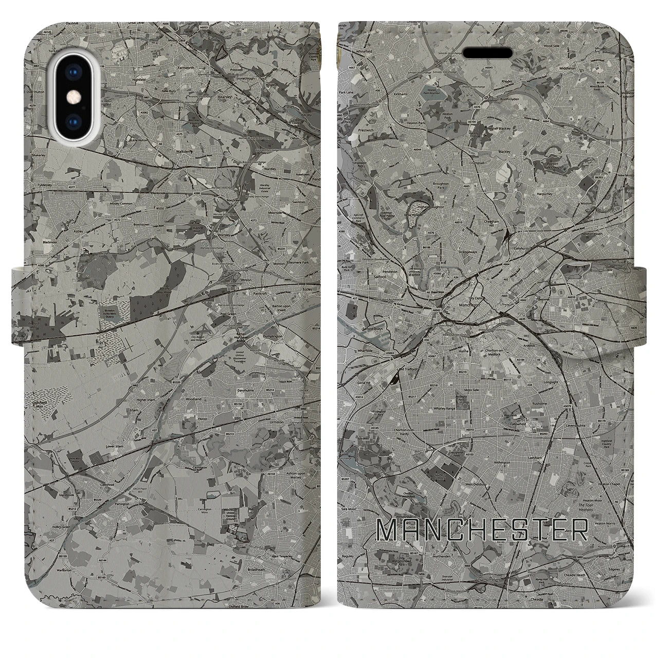 【マンチェスター(イギリス)】地図柄iPhoneケース(手帳タイプ)モノトーン・iPhone XS Max 用