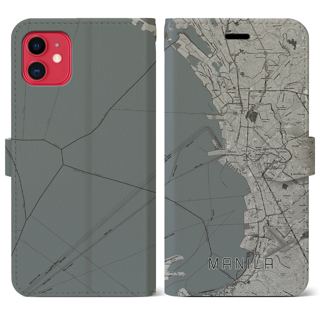 【マニラ(フィリピン)】地図柄iPhoneケース(手帳タイプ)モノトーン・iPhone 11 用