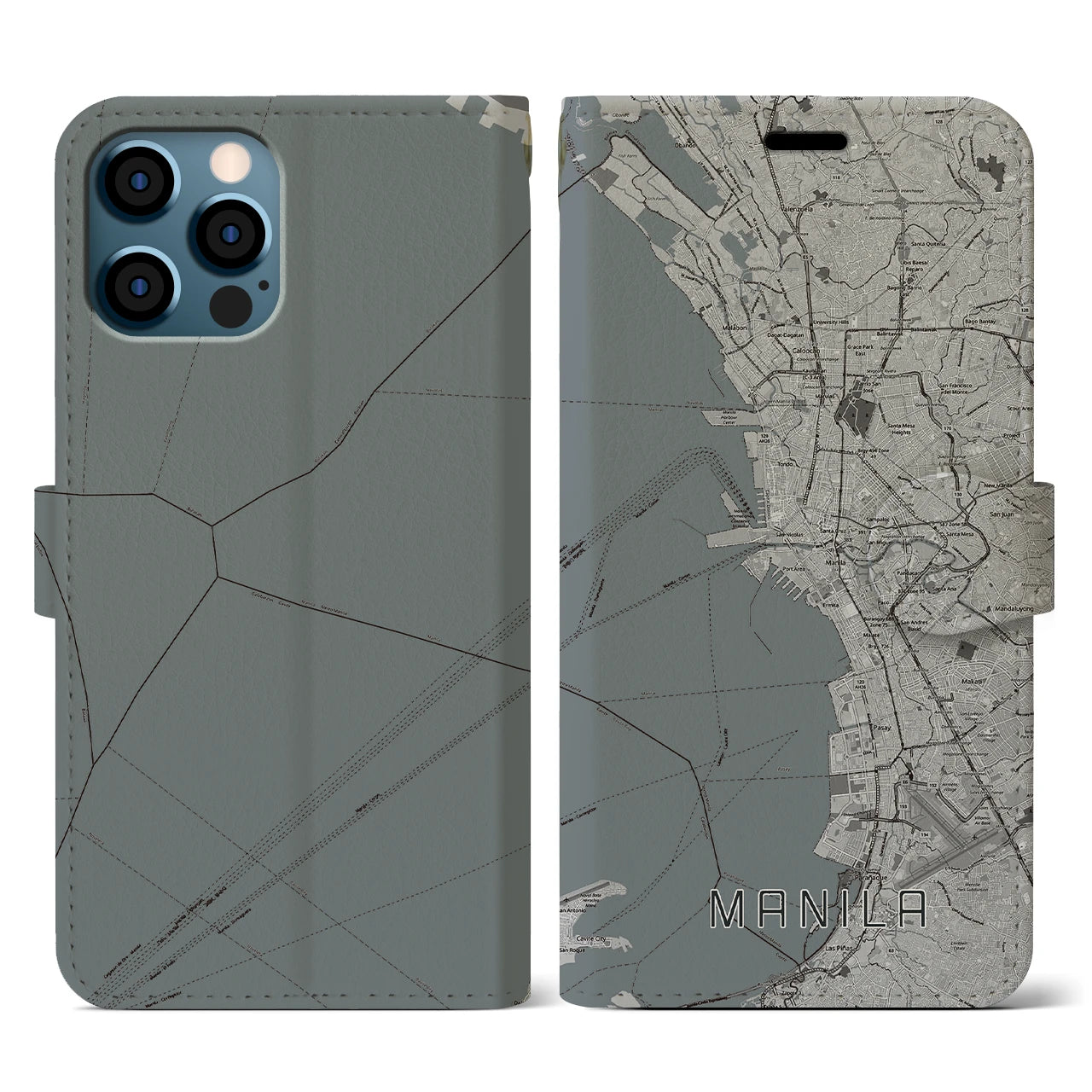 【マニラ(フィリピン)】地図柄iPhoneケース(手帳タイプ)モノトーン・iPhone 12 / 12 Pro 用