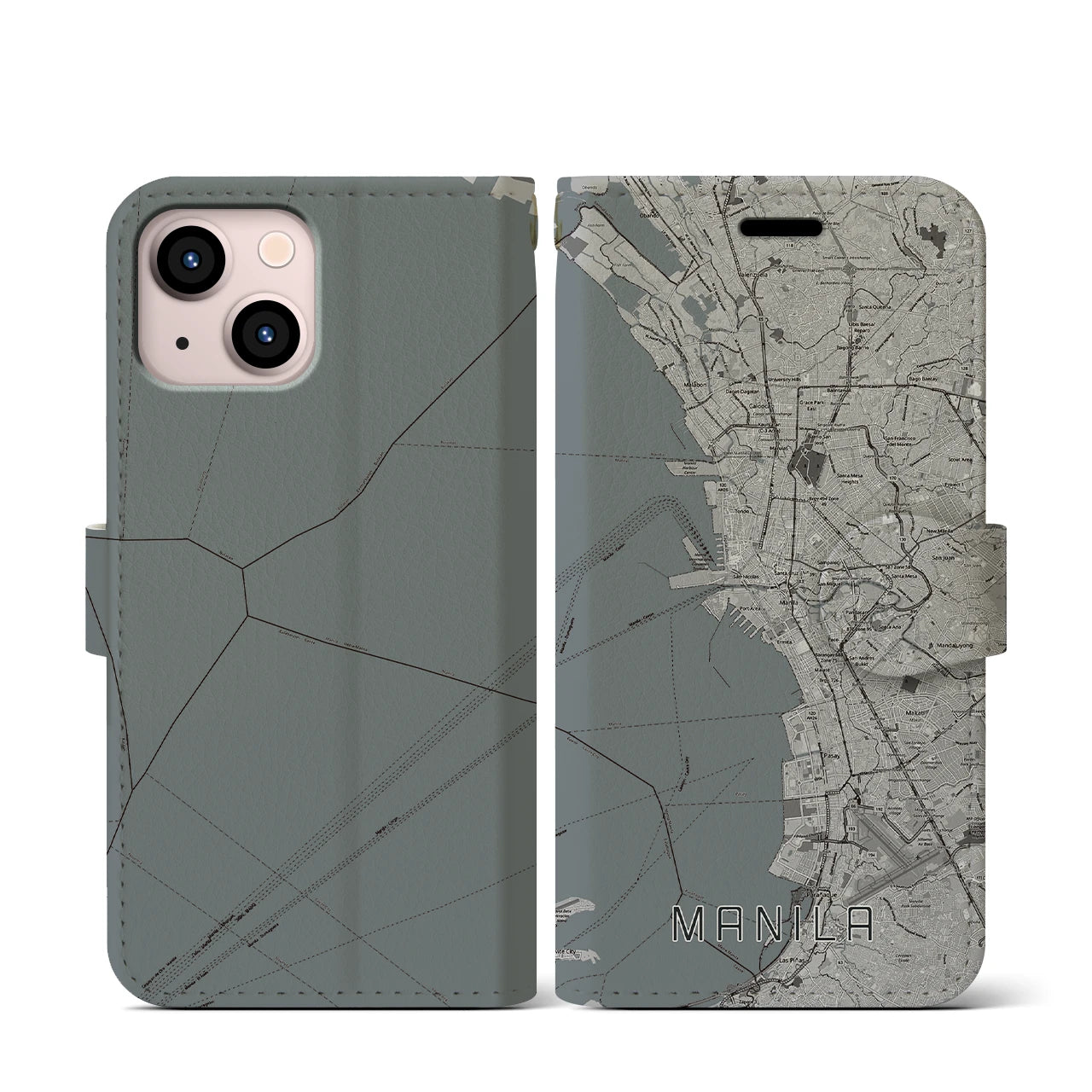【マニラ(フィリピン)】地図柄iPhoneケース(手帳タイプ)モノトーン・iPhone 13 mini 用