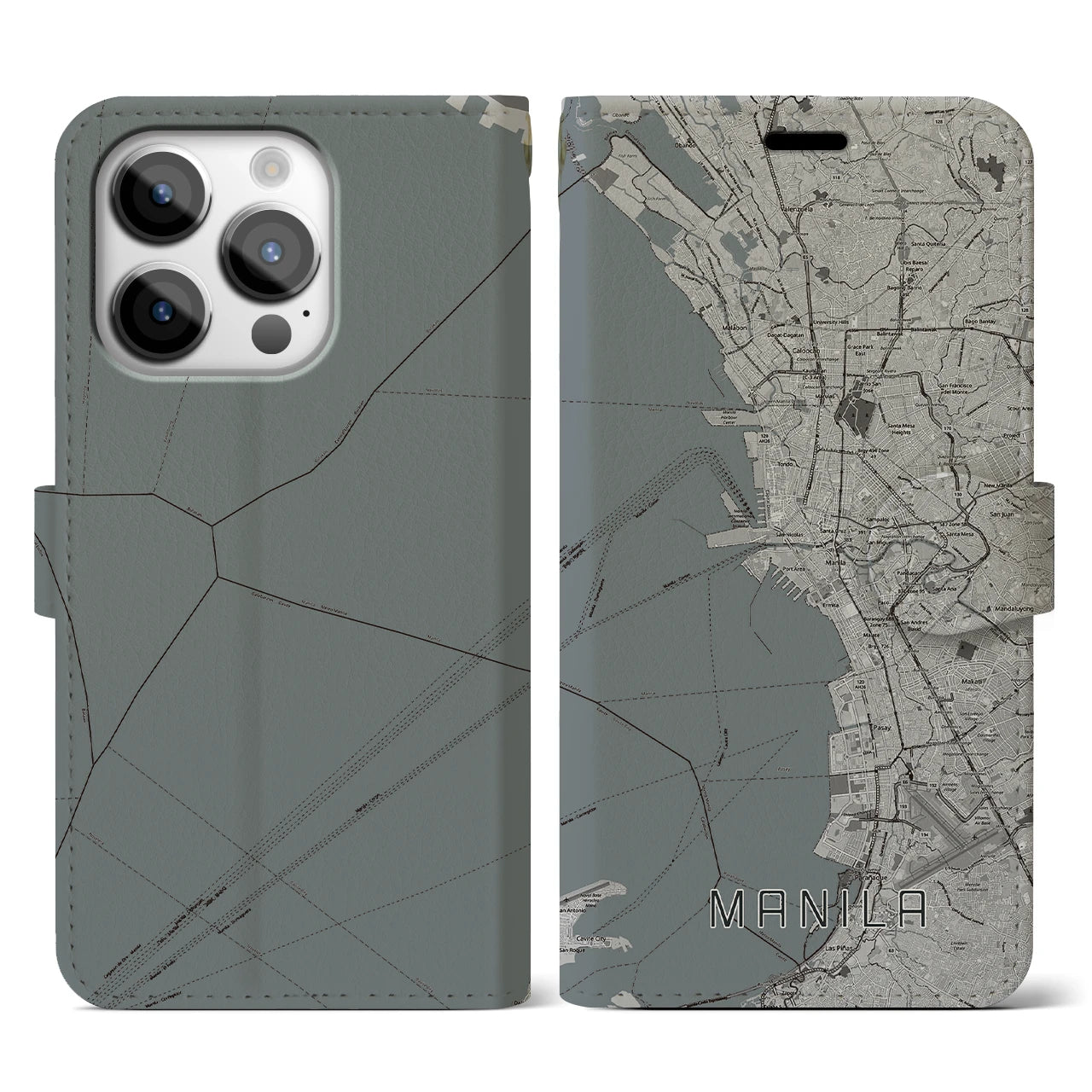 【マニラ(フィリピン)】地図柄iPhoneケース(手帳タイプ)モノトーン・iPhone 14 Pro 用