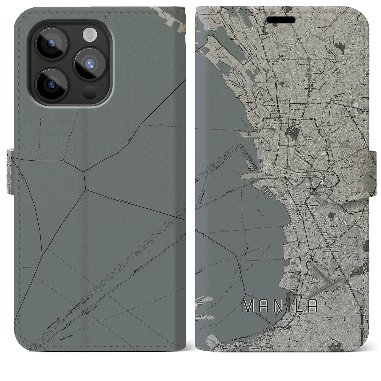 【マニラ(フィリピン)】地図柄iPhoneケース(手帳タイプ)モノトーン・iPhone 15 Pro Max 用