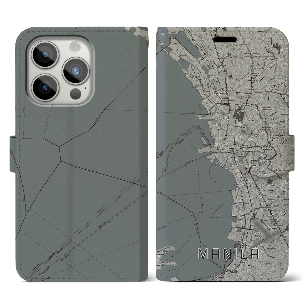 【マニラ(フィリピン)】地図柄iPhoneケース(手帳タイプ)モノトーン・iPhone 15 Pro 用