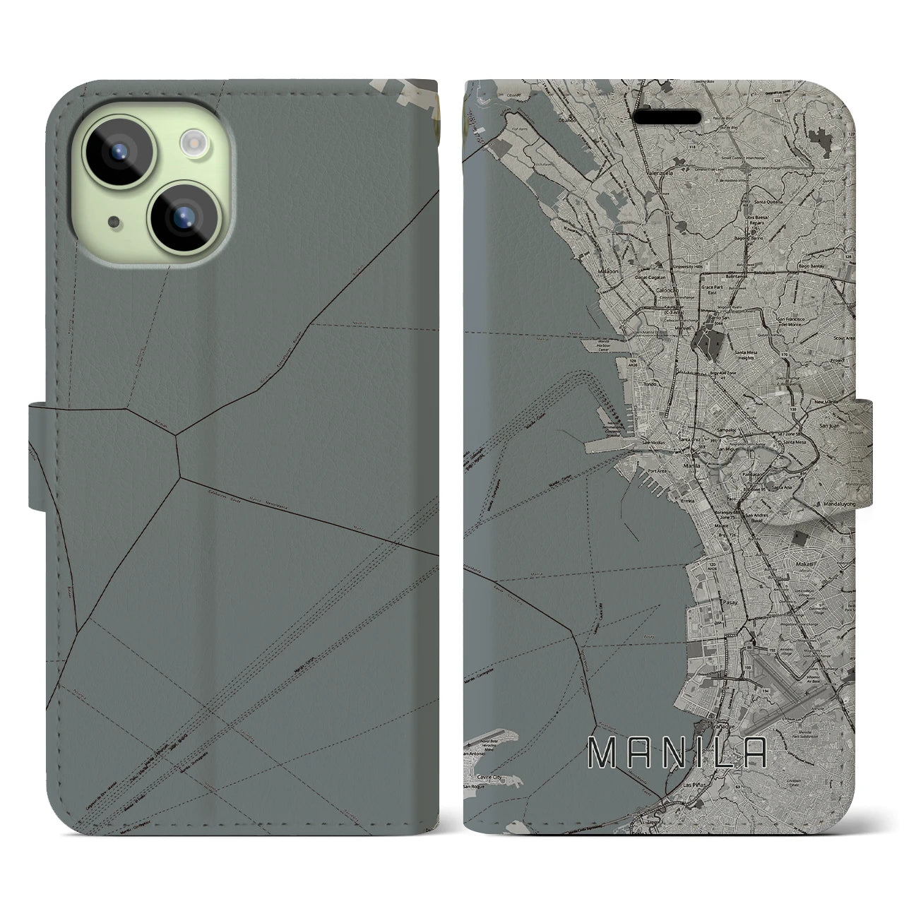 【マニラ(フィリピン)】地図柄iPhoneケース(手帳タイプ)モノトーン・iPhone 15 用
