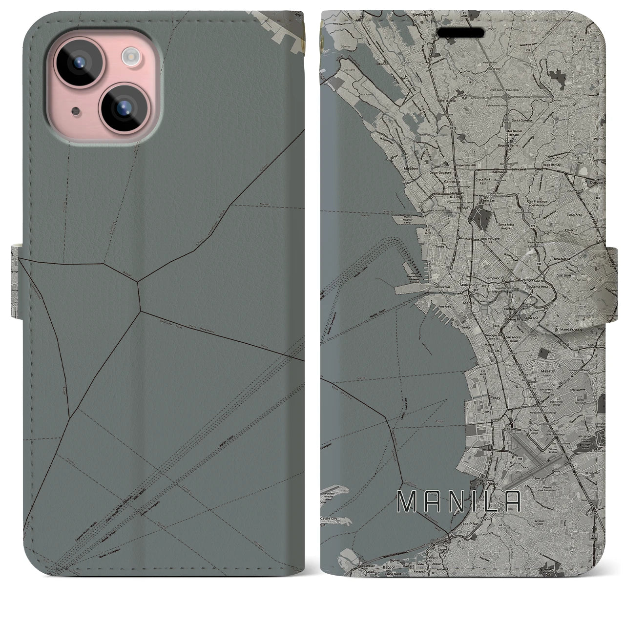 【マニラ(フィリピン)】地図柄iPhoneケース(手帳タイプ)モノトーン・iPhone 15 Plus 用