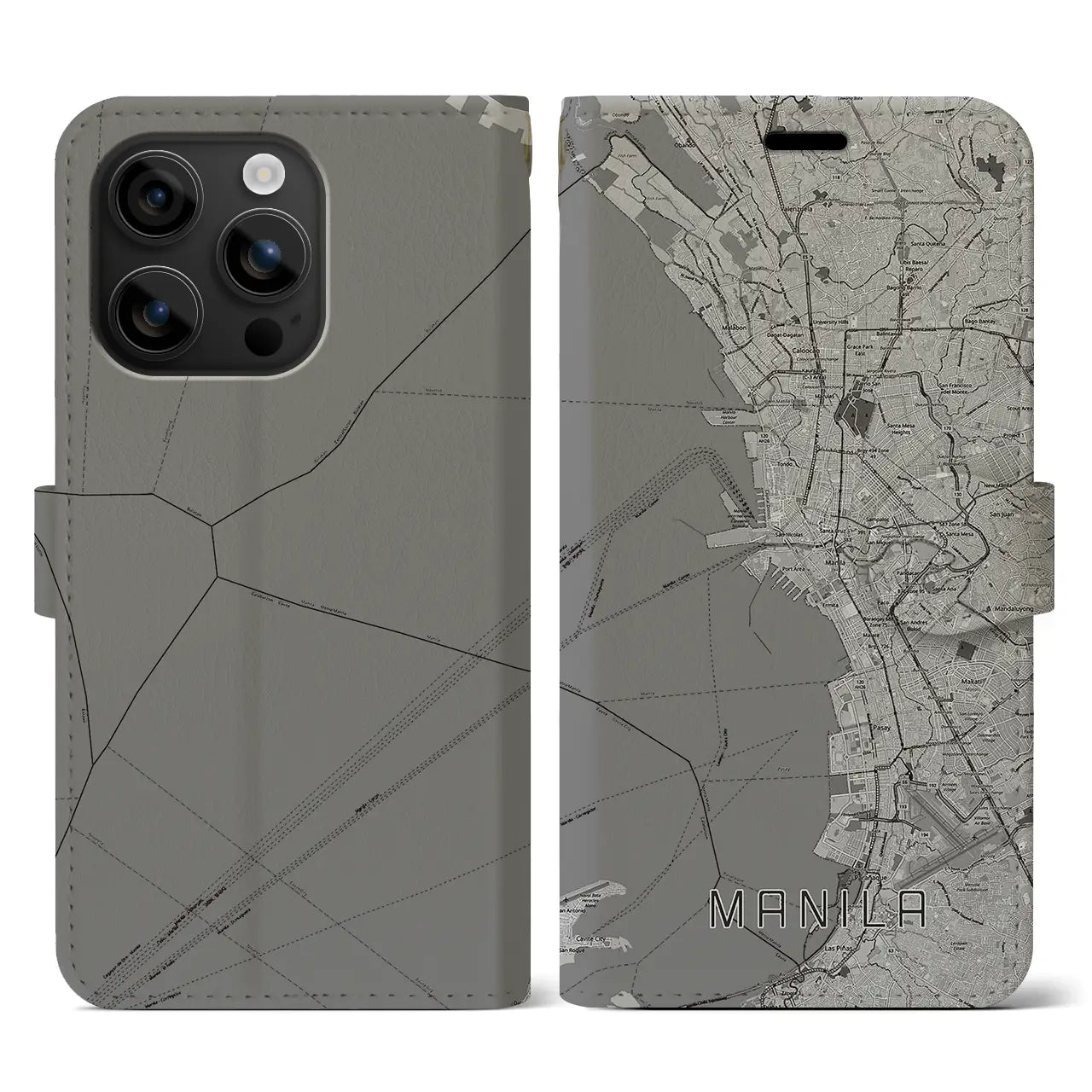 【マニラ(フィリピン)】地図柄iPhoneケース(手帳タイプ)モノトーン・iPhone 16 用