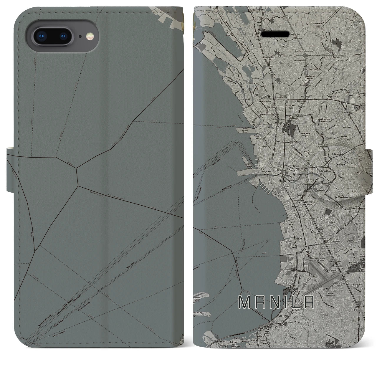 【マニラ(フィリピン)】地図柄iPhoneケース(手帳タイプ)モノトーン・iPhone 8Plus /7Plus / 6sPlus / 6Plus 用