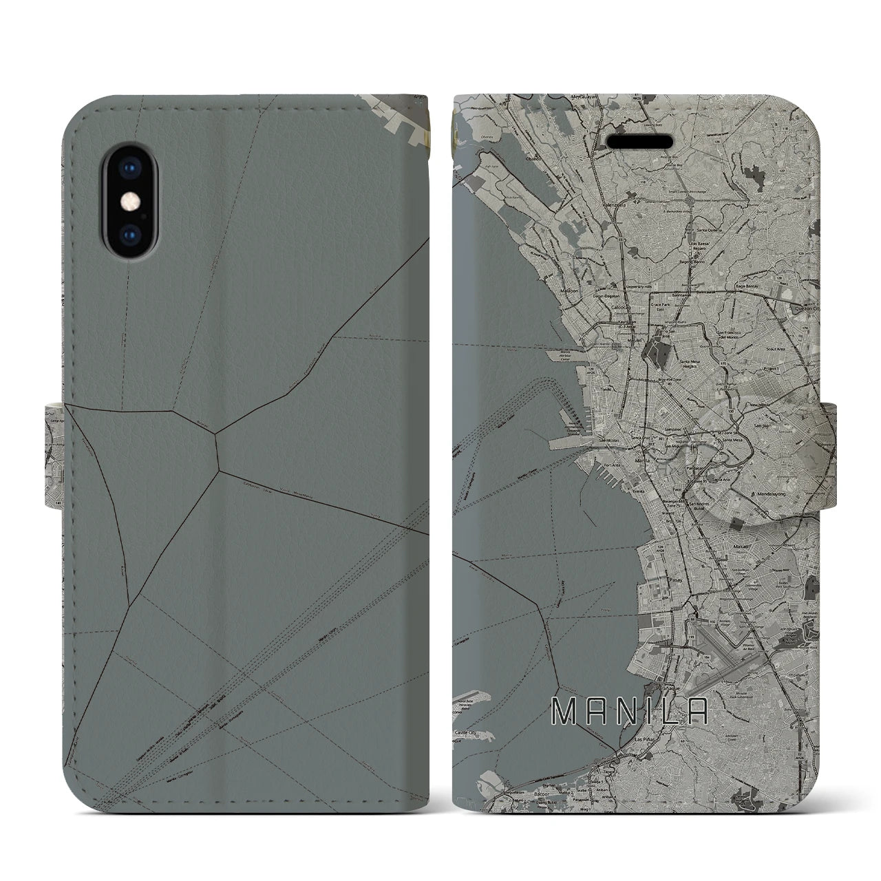 【マニラ(フィリピン)】地図柄iPhoneケース(手帳タイプ)モノトーン・iPhone XS / X 用