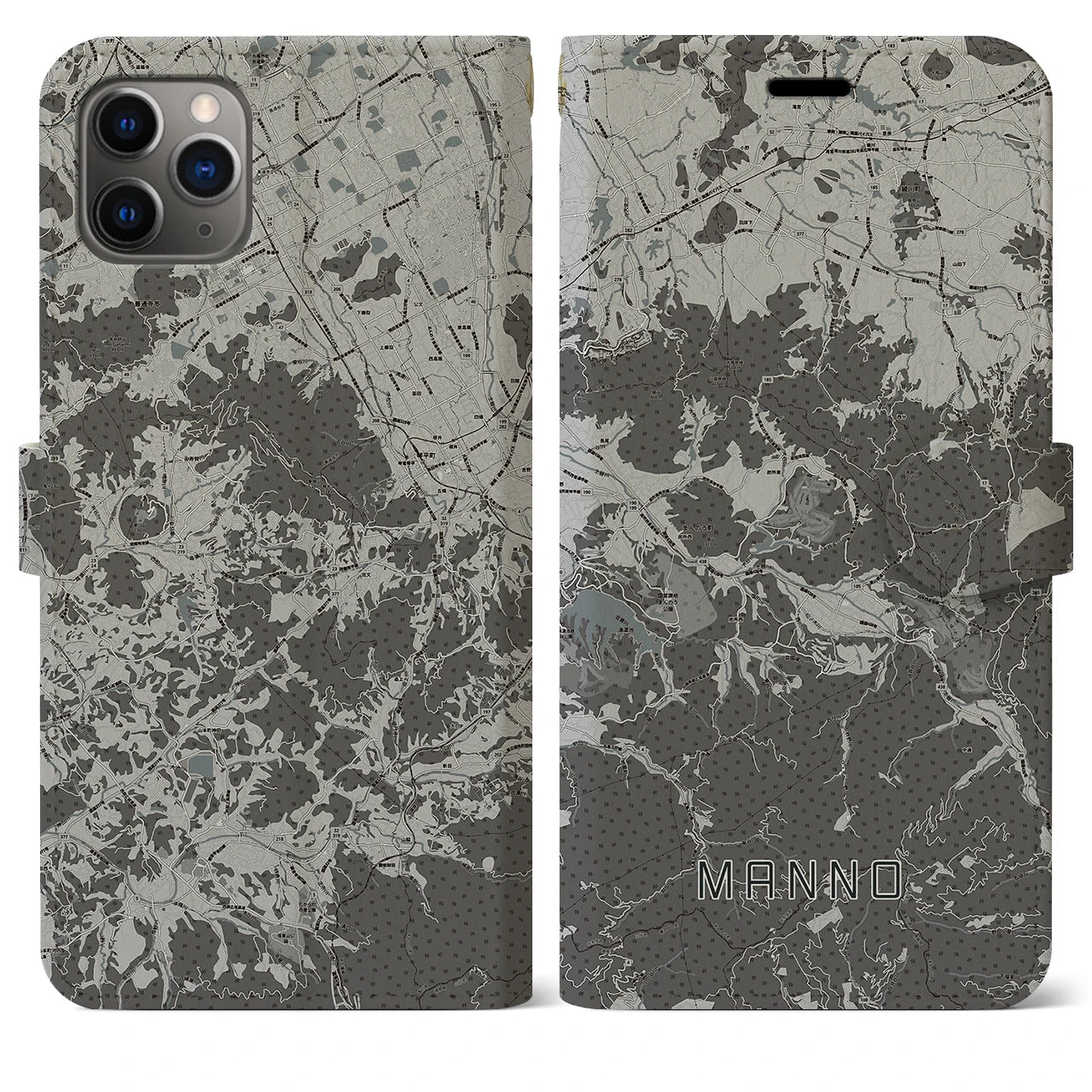 【まんのう(香川県)】地図柄iPhoneケース(手帳タイプ)モノトーン・iPhone 11 Pro Max 用