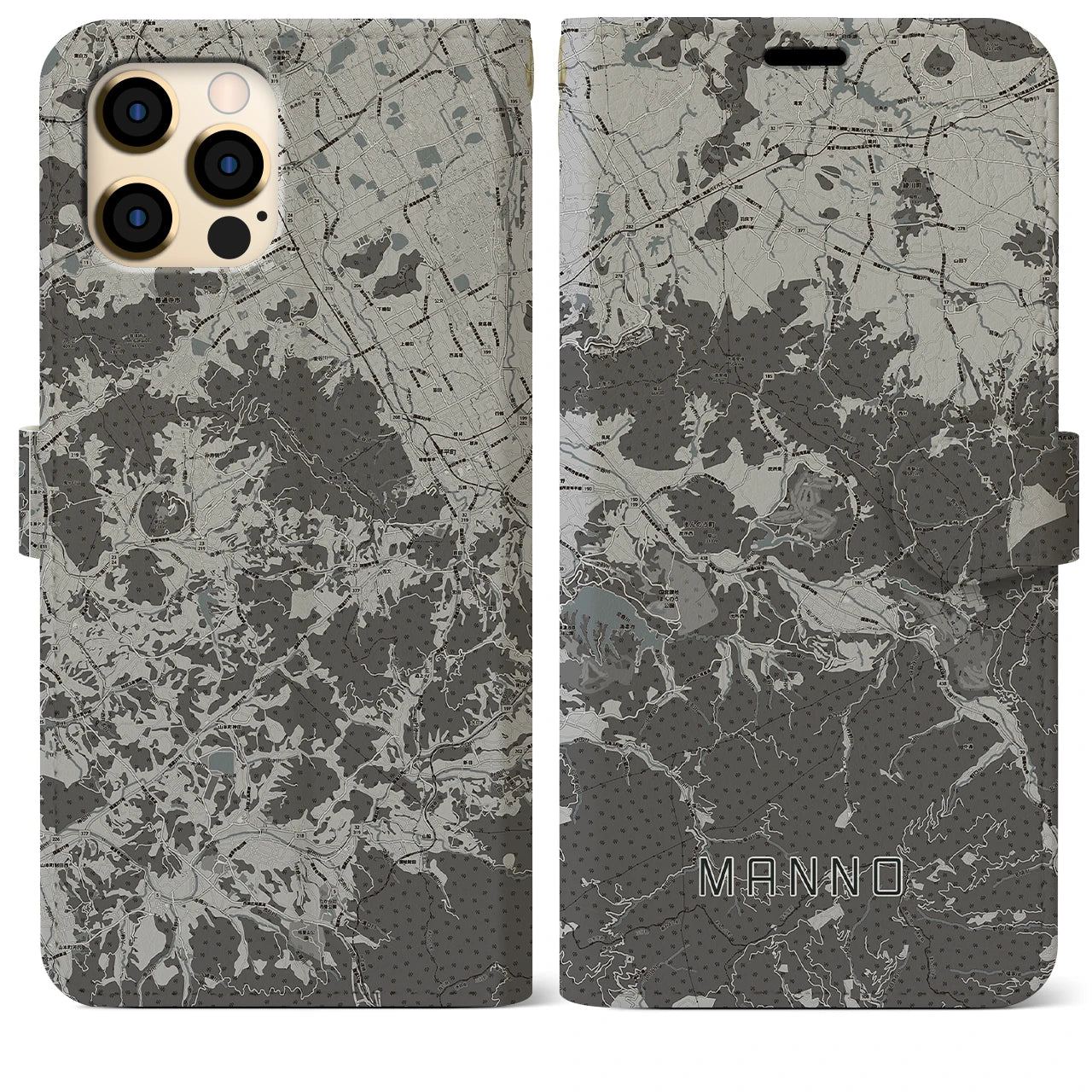 【まんのう(香川県)】地図柄iPhoneケース(手帳タイプ)モノトーン・iPhone 12 Pro Max 用